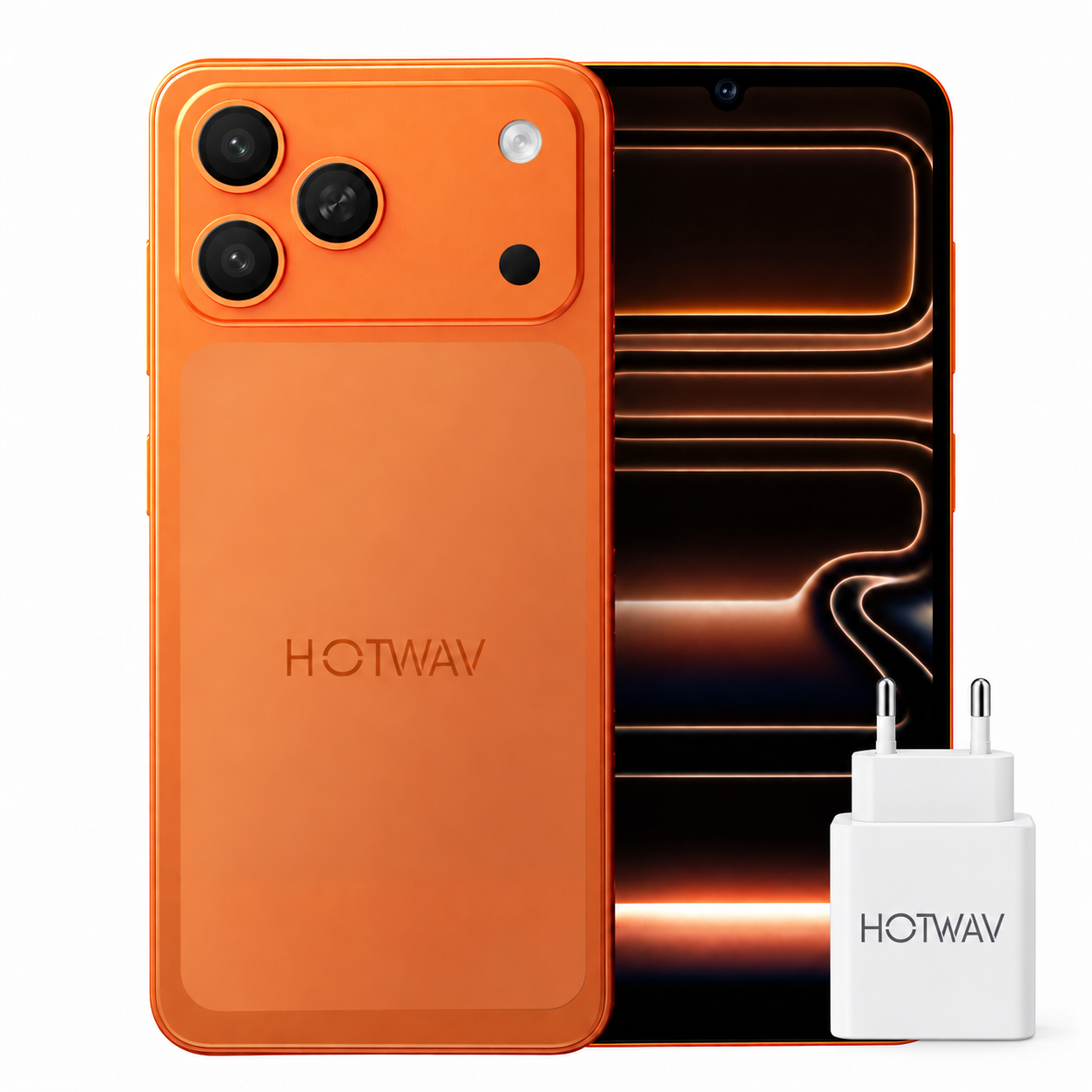 Ein orangefarbenes Hotwav-Smartphone mit drei Rückkameras, Display und weißem Ladegerät auf weißem Grund.