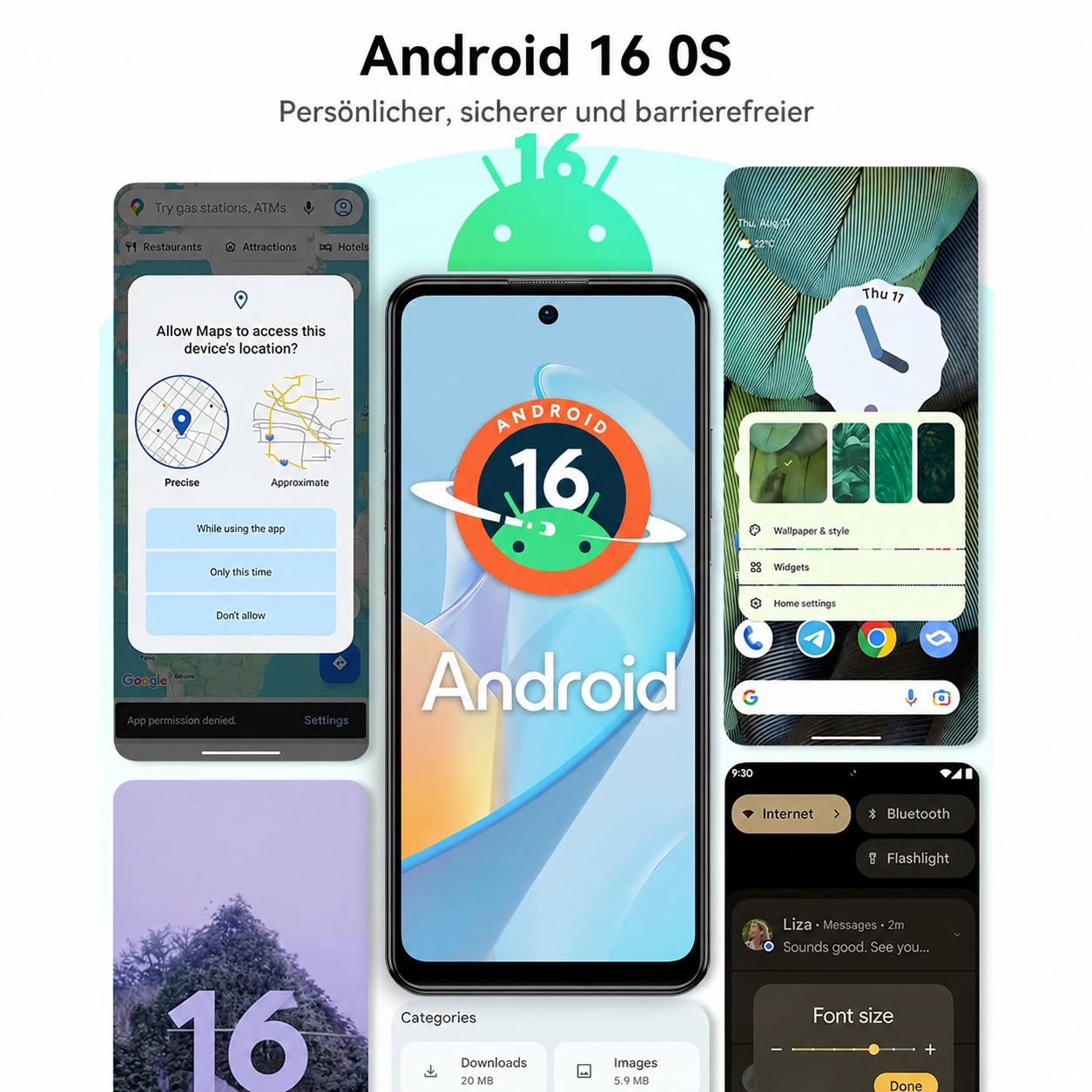 Android 16 OS Werbung mit Smartphone-Modellen und verschiedenen App-Oberflächen.