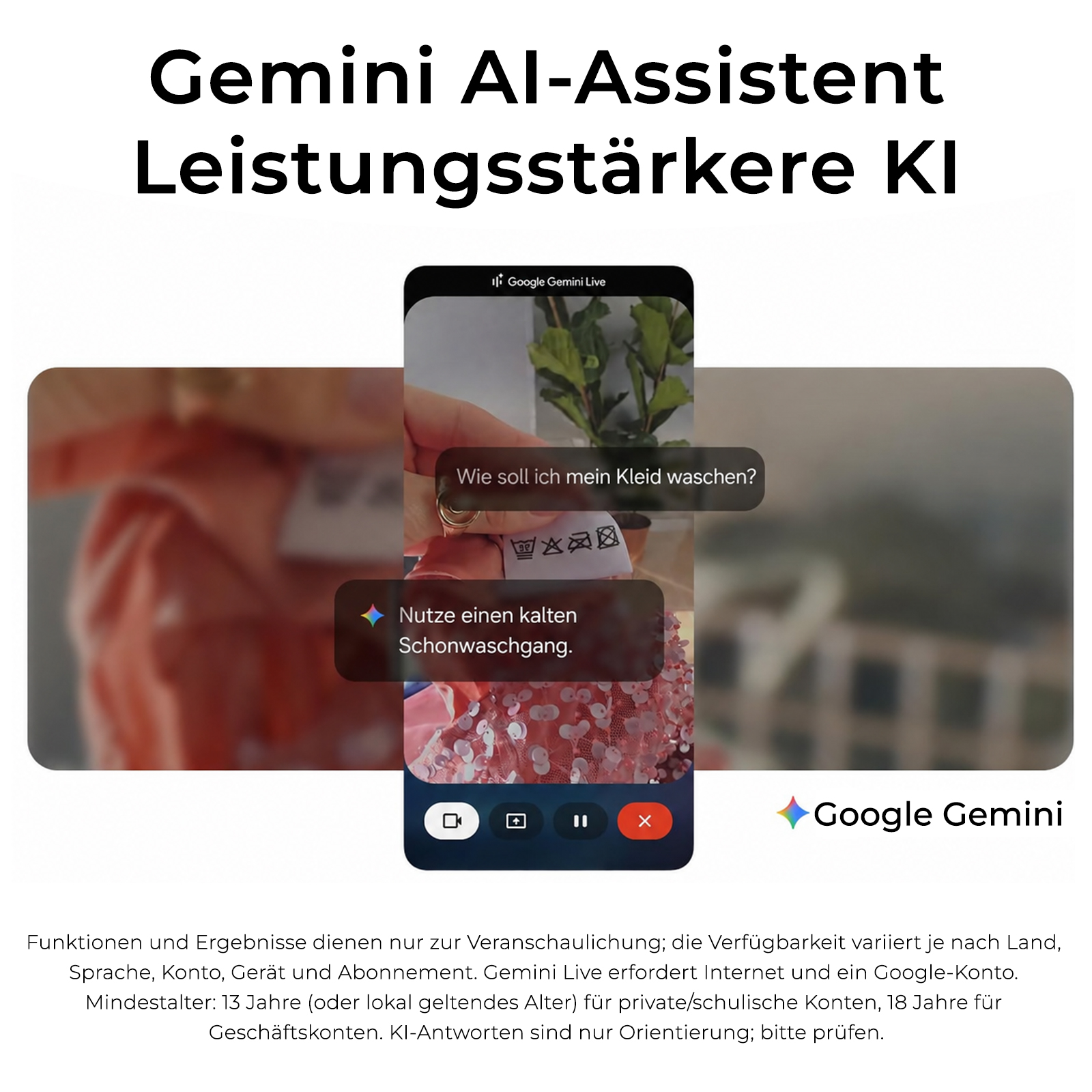 Gemini AI-App auf Smartphone zeigt Kleidungslabel mit Sprachdialog zur Pflegeanleitung.