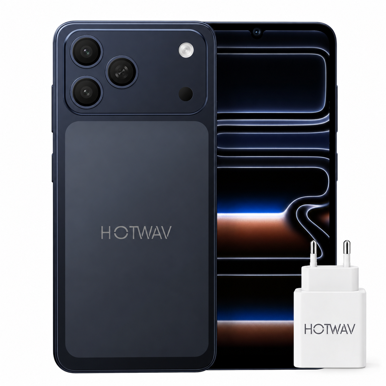 Dunkelblaues HOTWAV-Smartphone mit Kamera auf der Rückseite, aktivem Display und weißem Ladegerät.