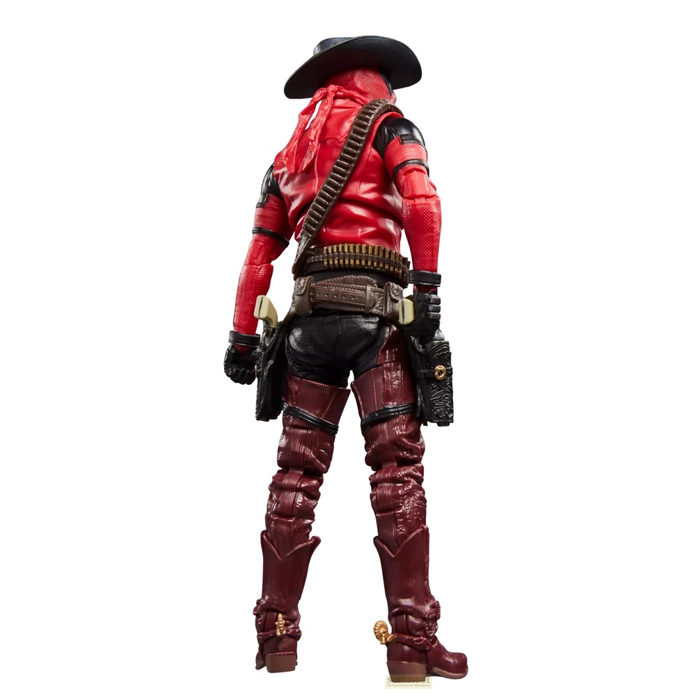 Vista trasera de una figura de acción de Deadpool vaquero en rojo y negro, con sombrero, bandolera y pistolas.