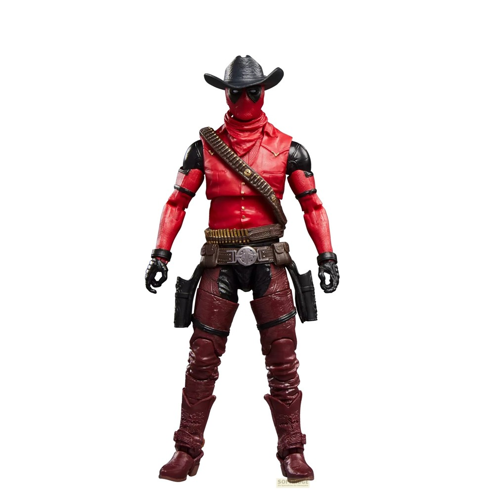 Figura de acción de Deadpool como vaquero con sombrero, camisa roja, cartucheras y cinturones de munición.