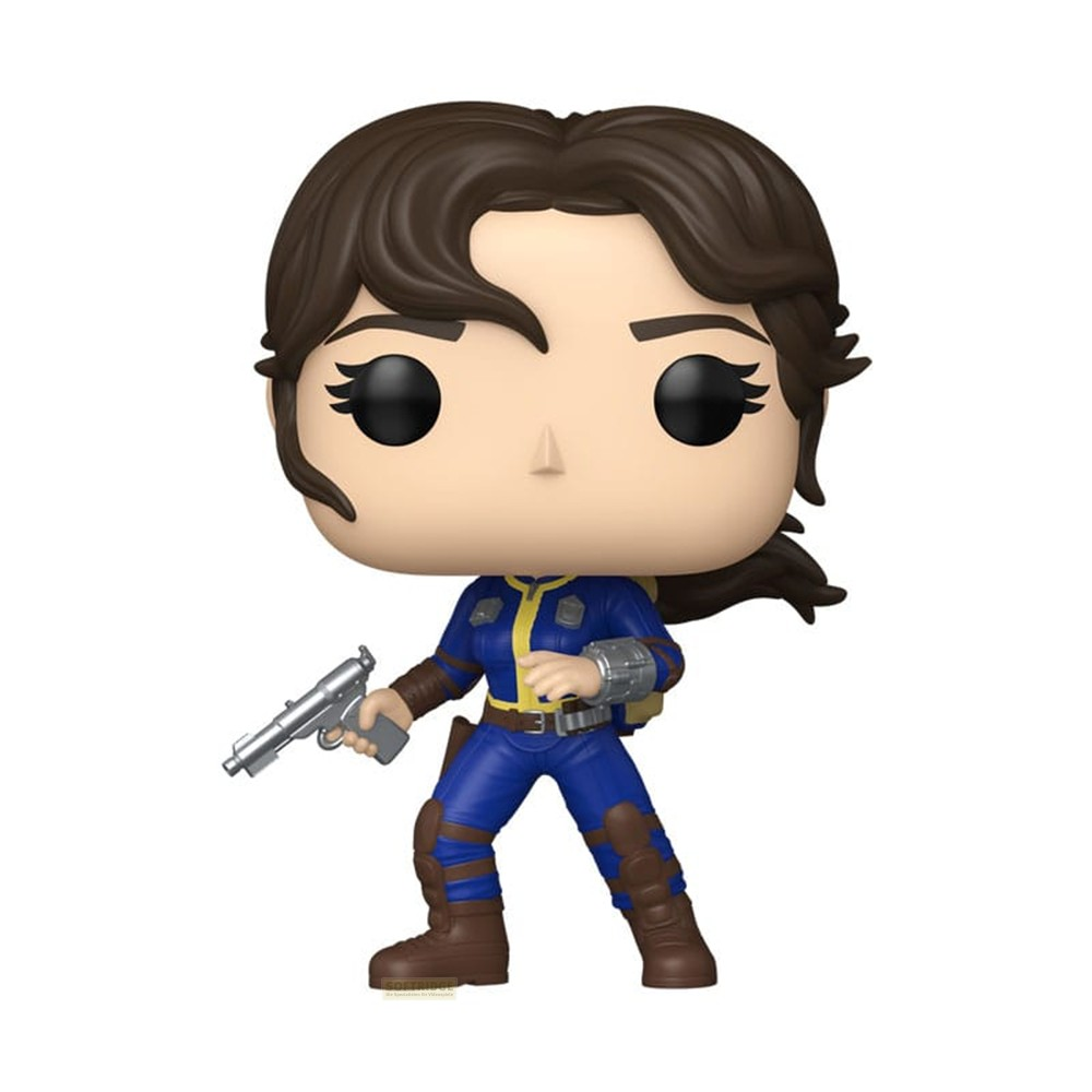 Figura de vinilo de un personaje femenino con traje azul de Vault sosteniendo una pistola plateada, fondo blanco.