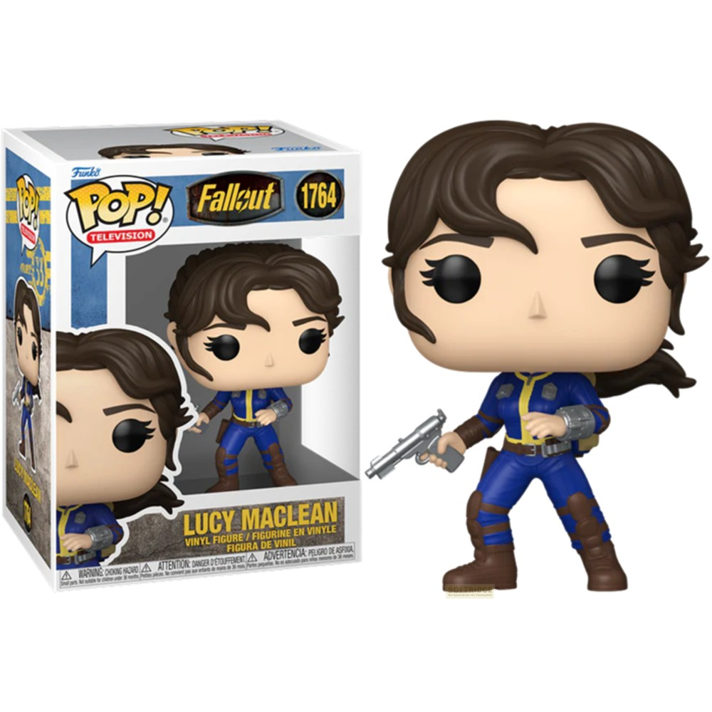 Figura Funko Pop de Lucy MacLean con un arma junto a su caja.