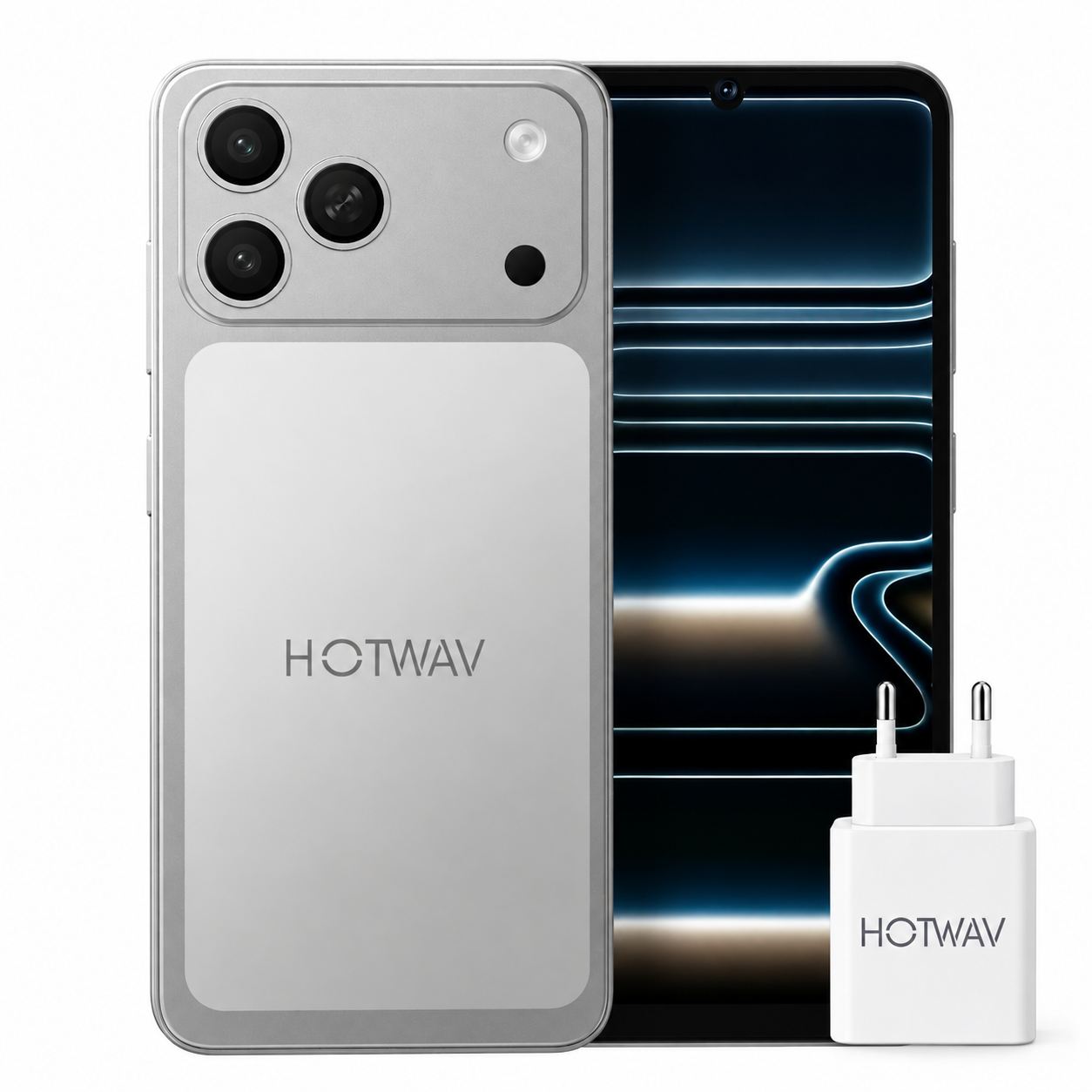 Silbernes Hotwav-Smartphone mit Bildschirm und Ladegerät vor weißem Hintergrund.