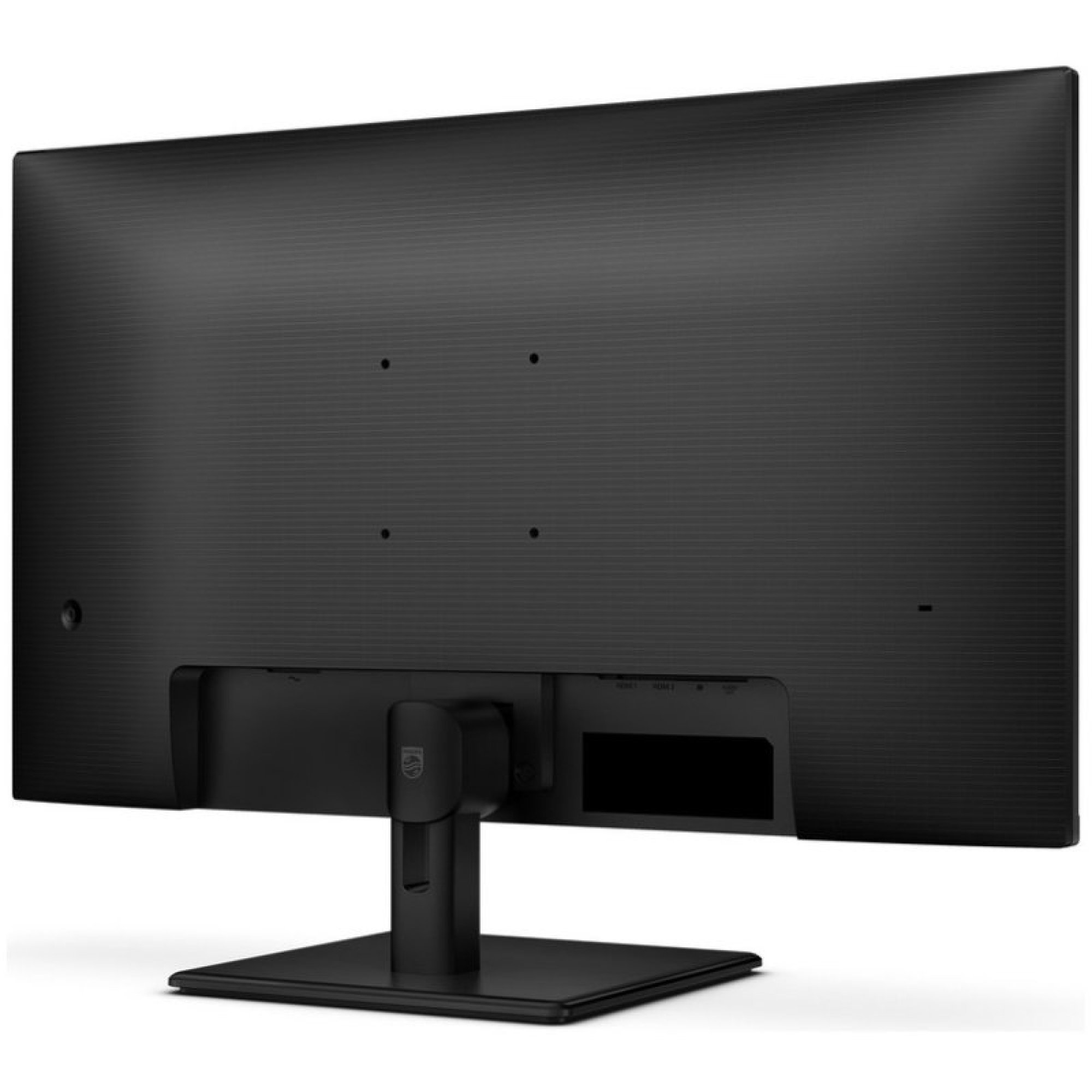 Beyaz arka plan üzerinde ayaklı siyah monitörün arka görünümü.