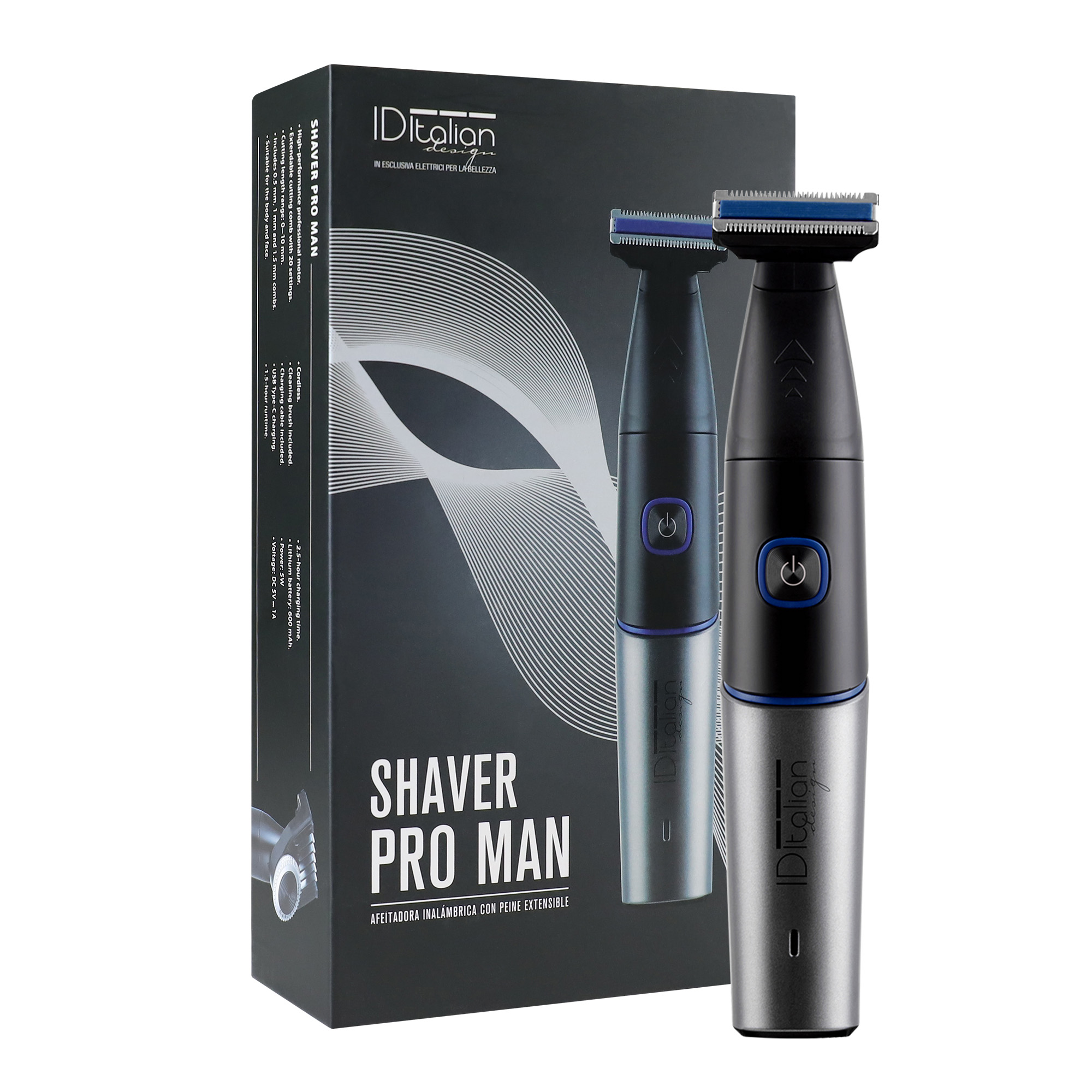 Una afeitadora Shaver Pro Man se encuentra junto a su caja de embalaje negra.