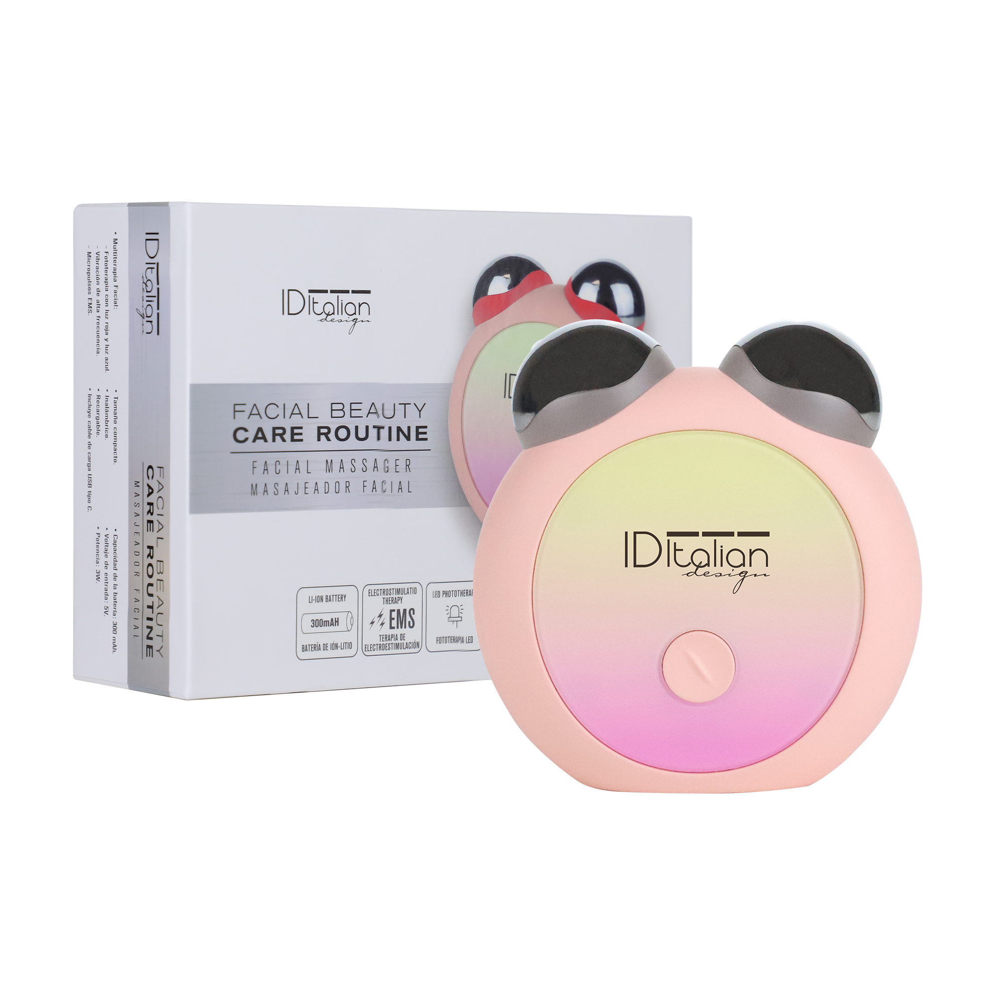 Masajeador facial rosa y amarillo con forma de rana, colocado frente a su caja de producto con marca.