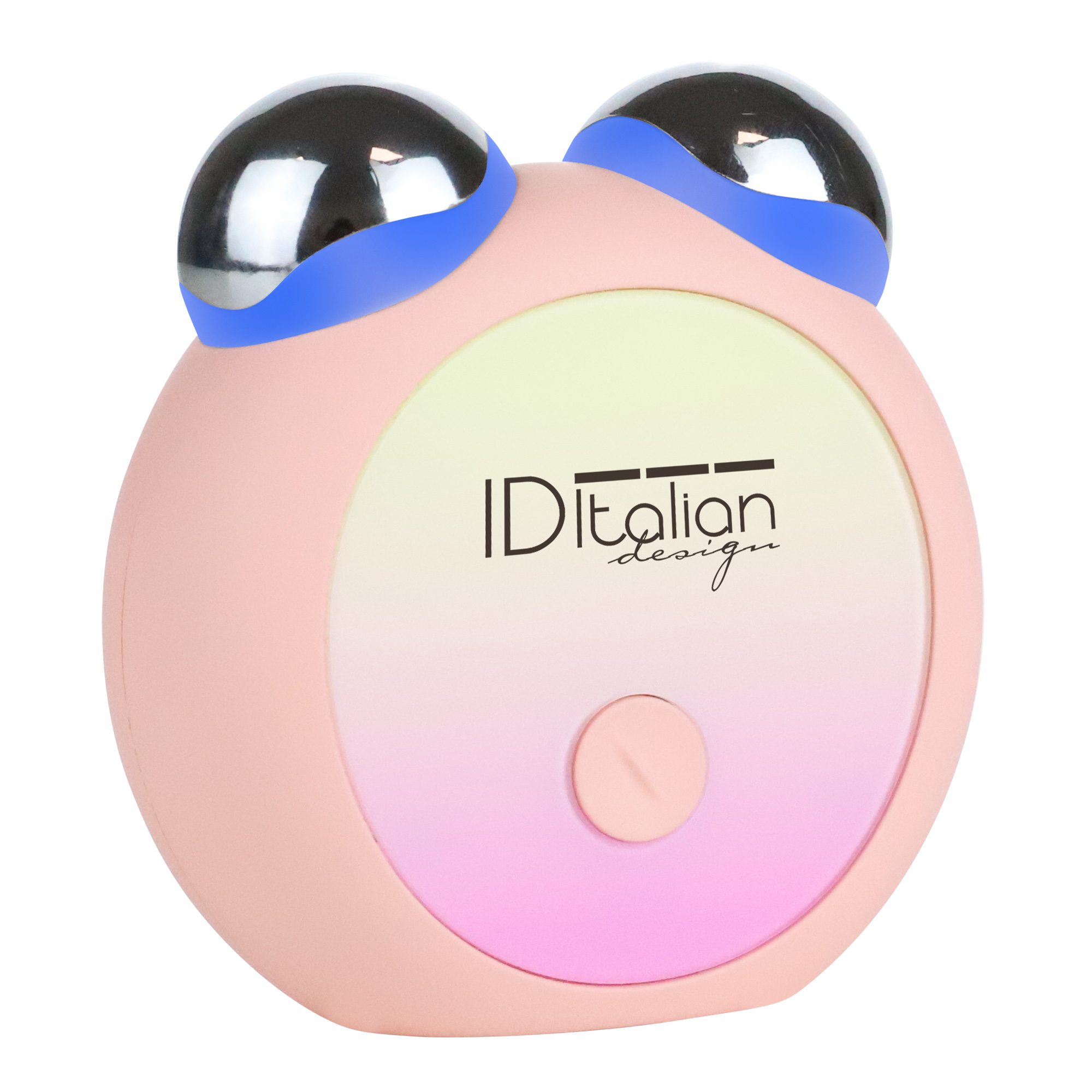 Un dispositivo de limpieza facial rosa con dos bolas de metal redondas y el logo de la marca en el centro.