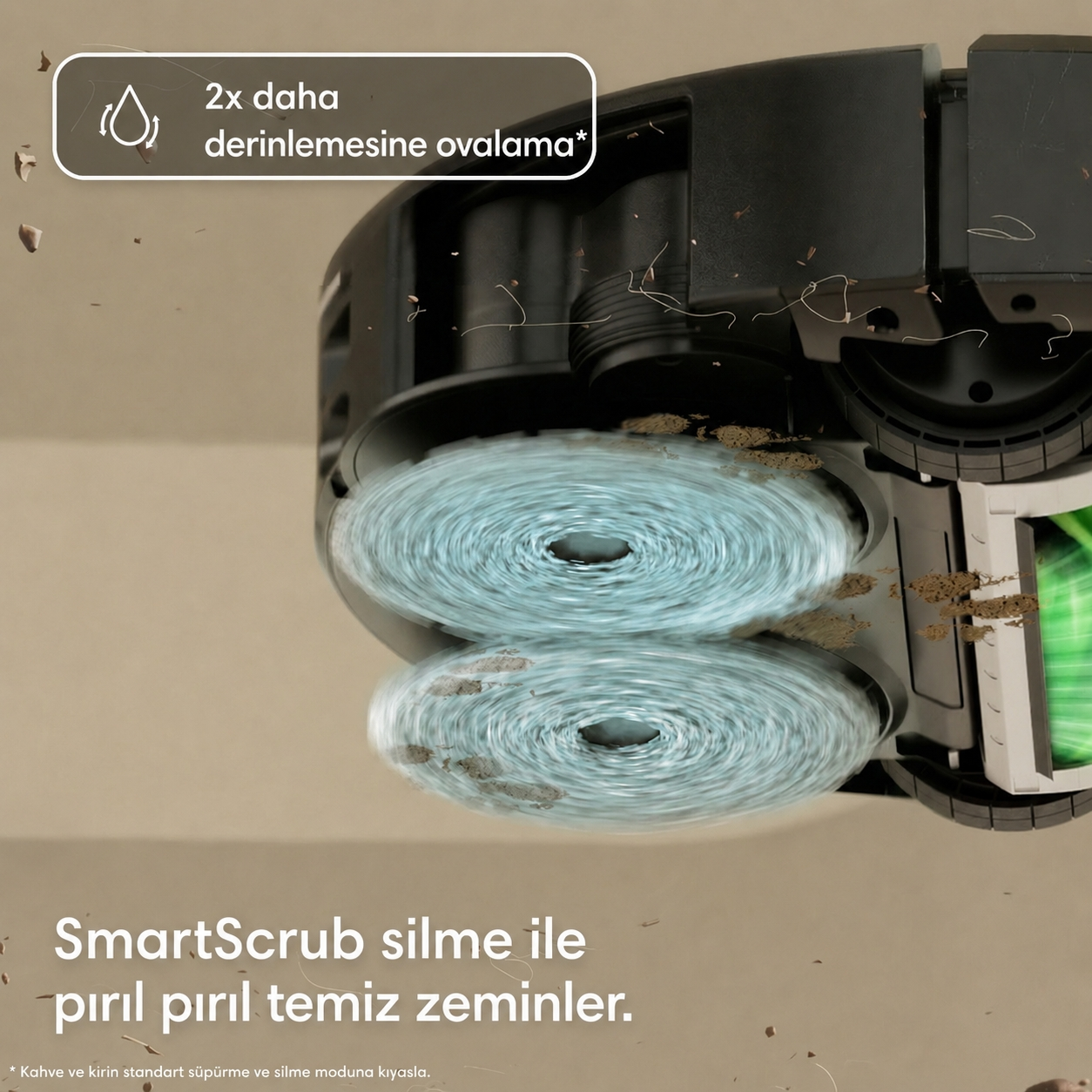 Kirli bir zemin üzerinde dönen paspas pedlerine sahip bir robot süpürgenin alt görünümü.