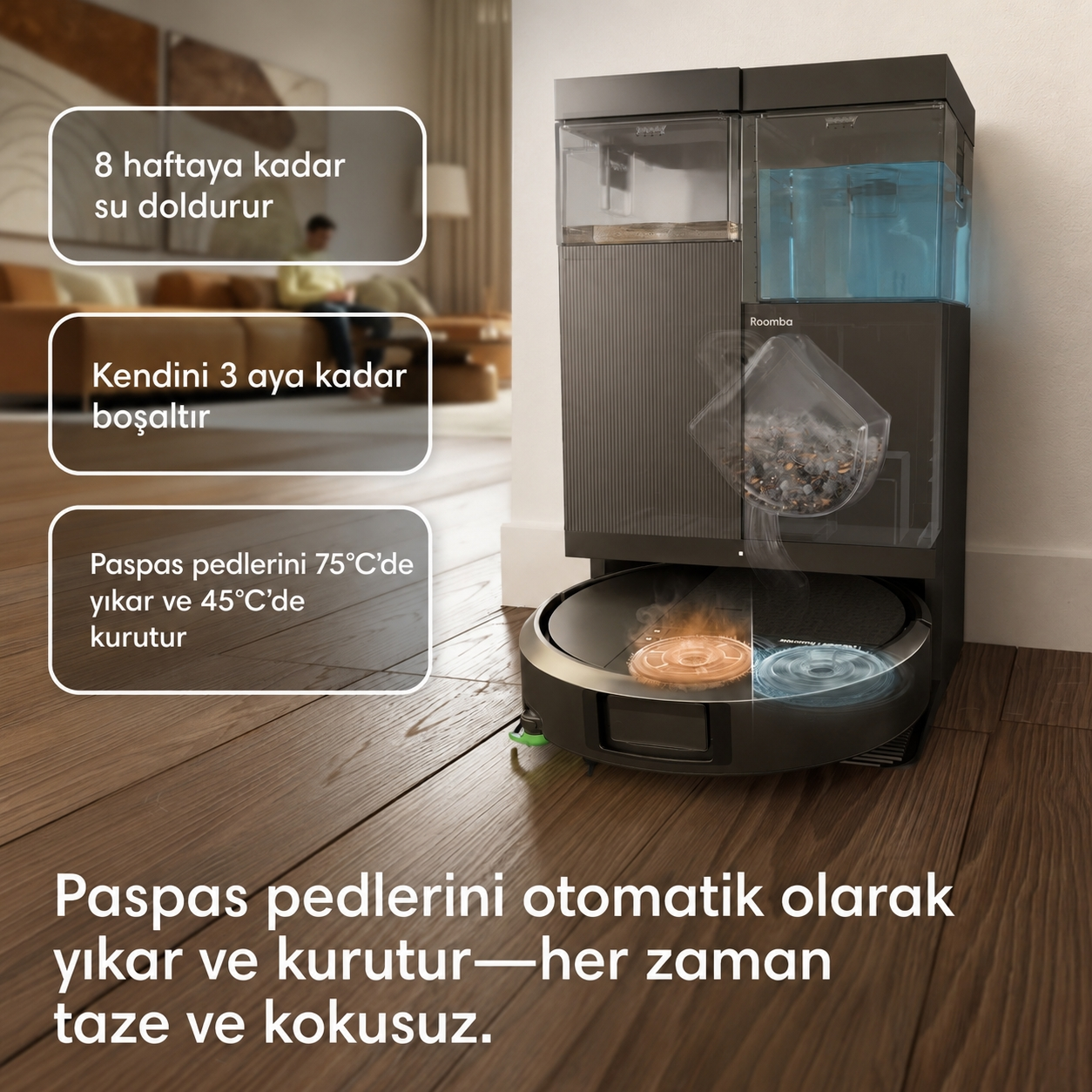 İstasyonlu Roomba robot süpürge, paspas pedlerini otomatik yıkar ve kurutur.