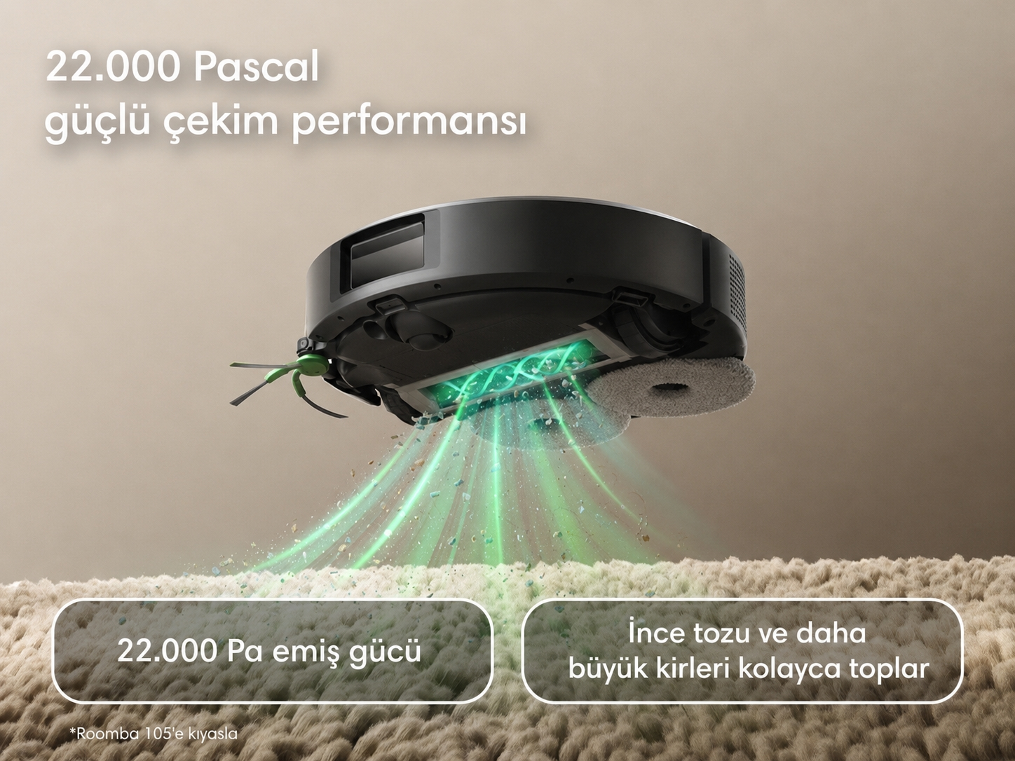 Siyah bir robot süpürge, yeşil ışık efektleriyle halıdan toz çekiyor.