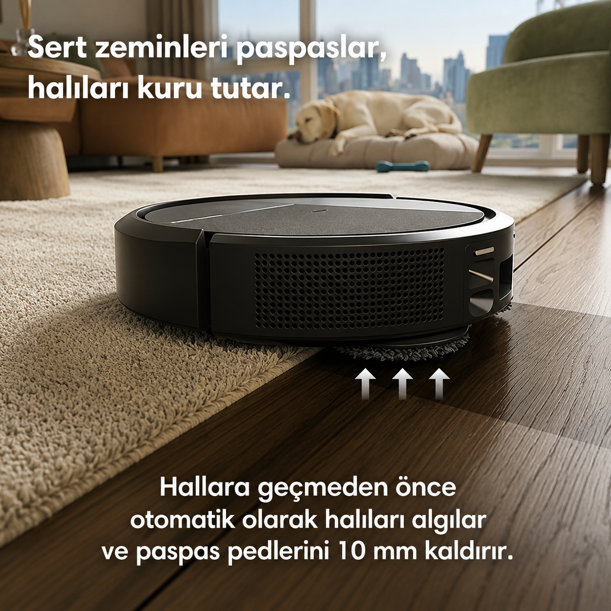 Bir robot süpürge parkeden halıya geçerken paspas pedlerini yukarı kaldırıyor.