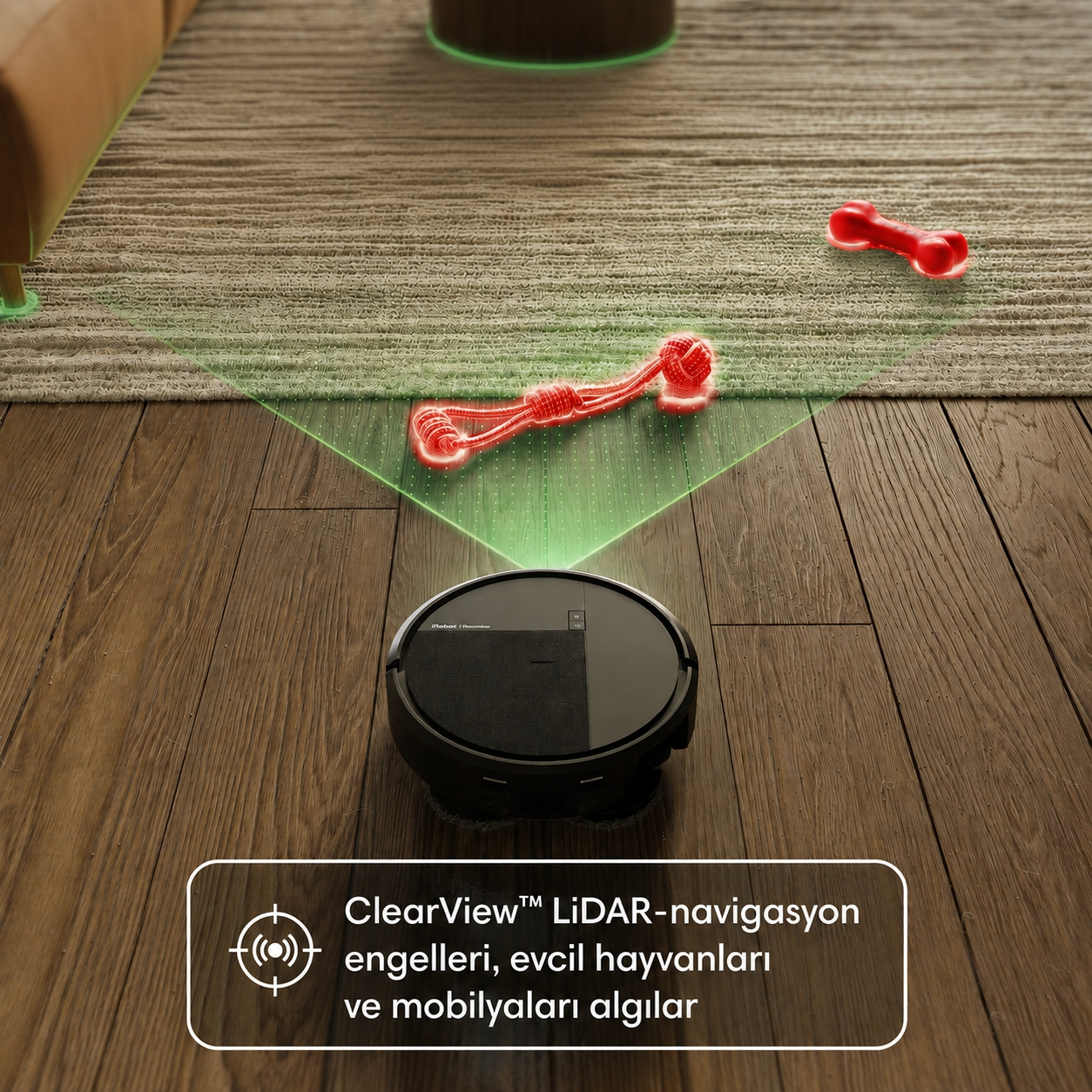 Ahşap zemindeki robot süpürge, LiDAR ışınlarıyla kırmızı köpek oyuncaklarını algılar.