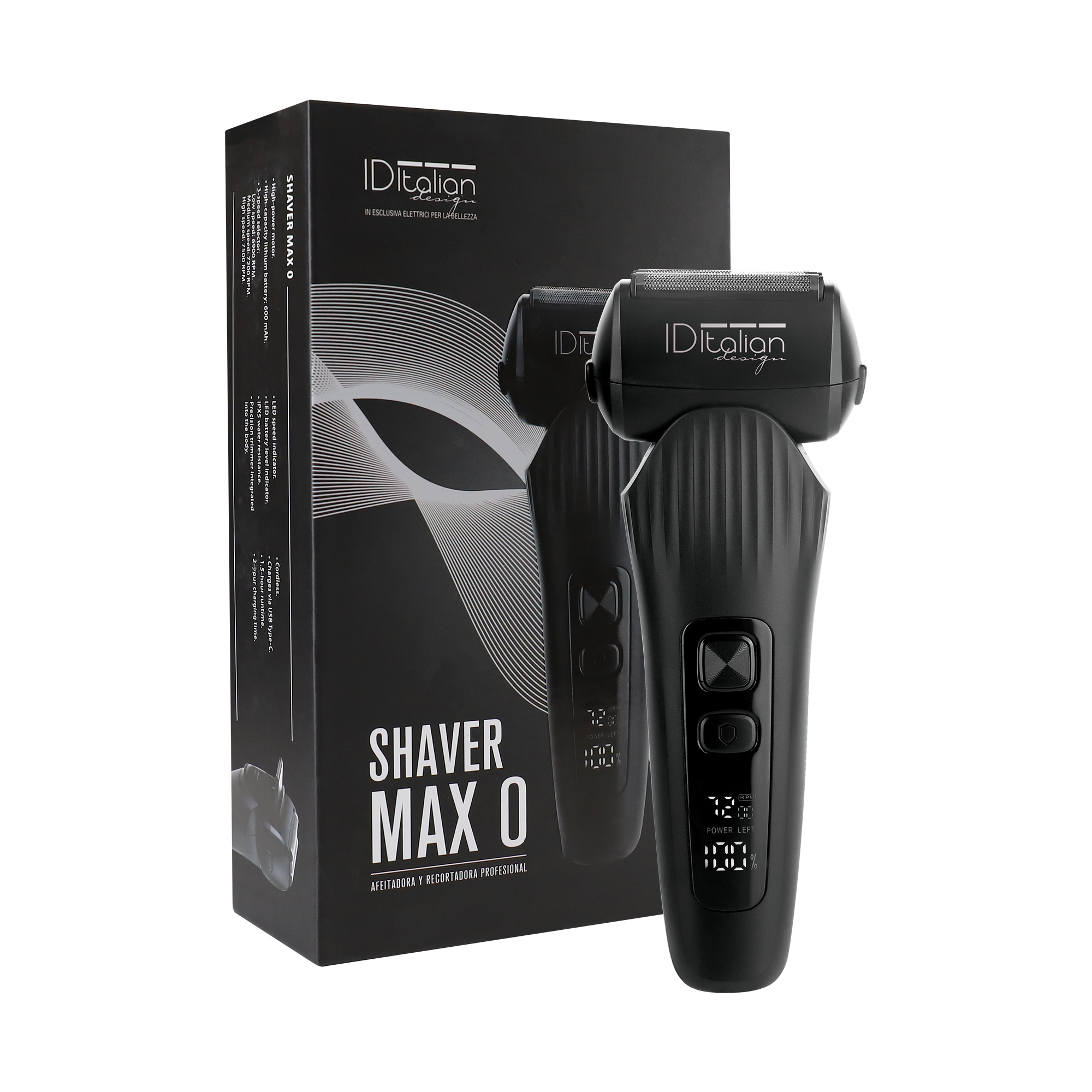Een zwart Shaver Max O elektrisch scheerapparaat staat verticaal voor de bijbehorende zwarte productdoos.