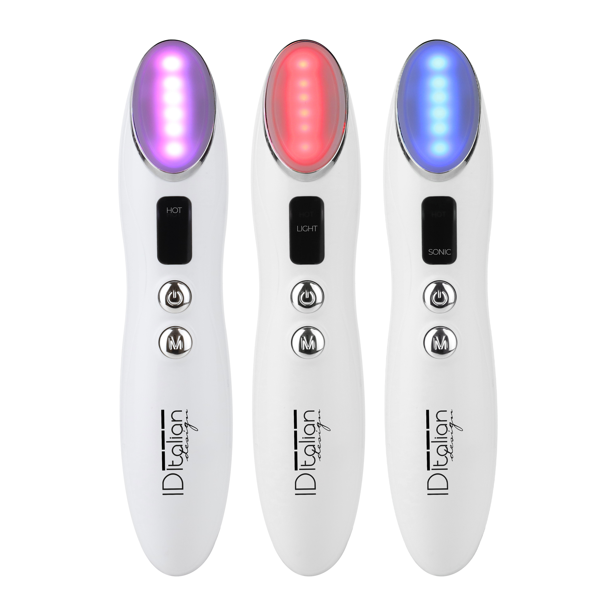 Tres dispositivos faciales blancos con cabezales iluminados en morado, rojo y azul y botones plateados sobre fondo blanco.