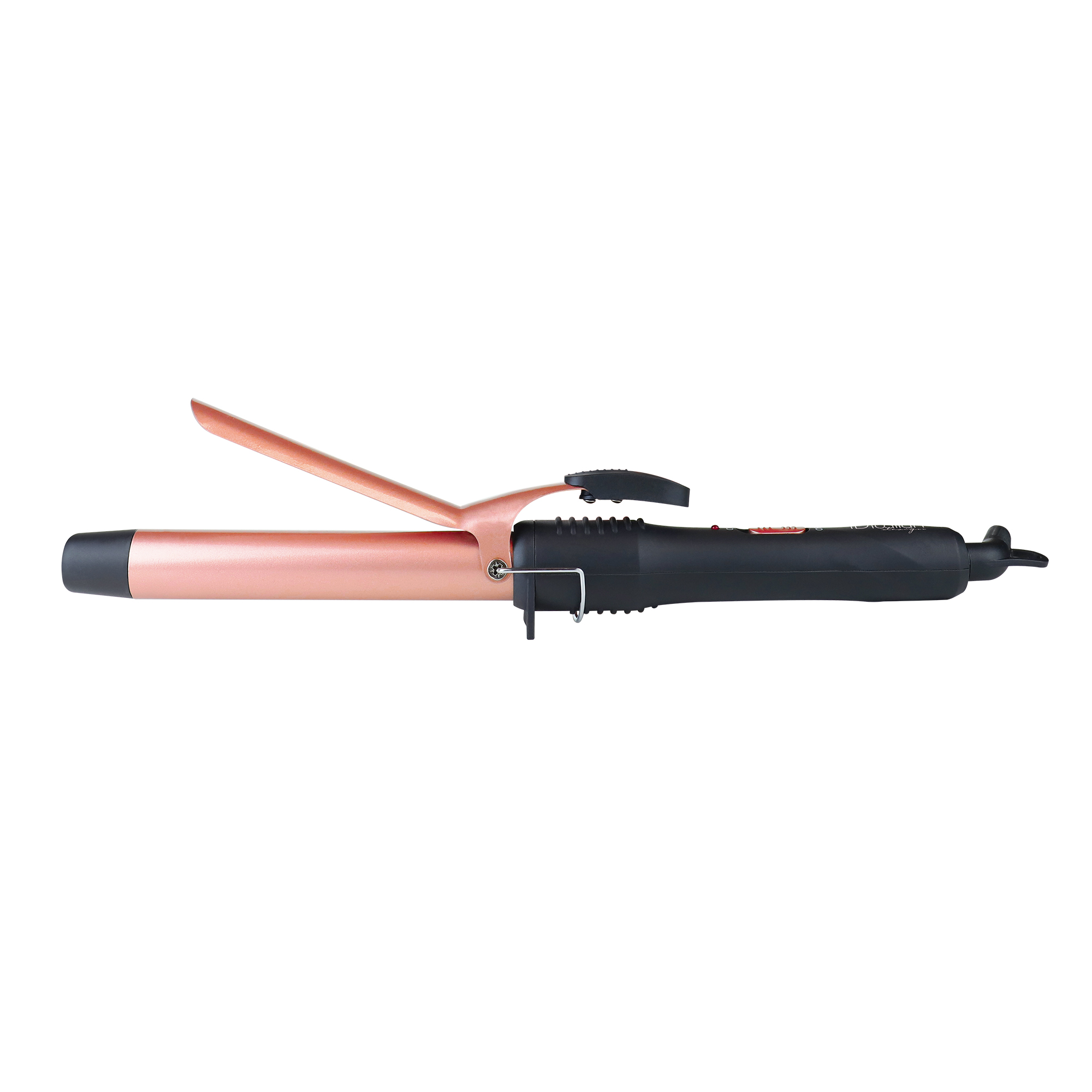 Una plancha rizadora moderna de oro rosa y negro colocada horizontalmente sobre fondo blanco.