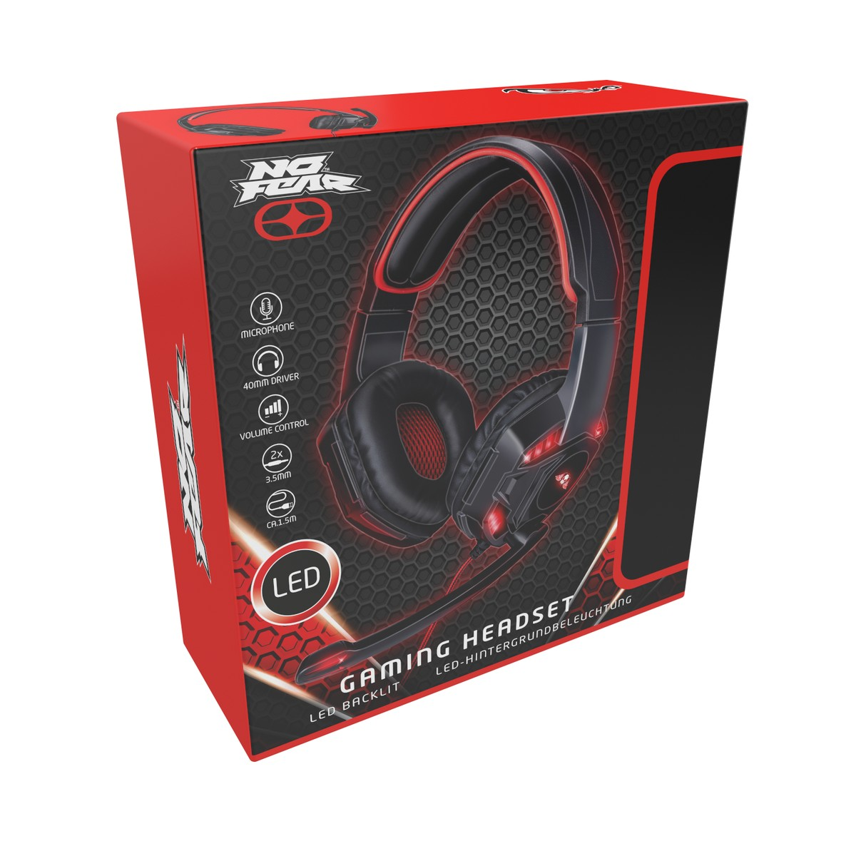 Rote und schwarze Verpackung eines No Fear Gaming-Headsets mit LED-Hintergrundbeleuchtung.