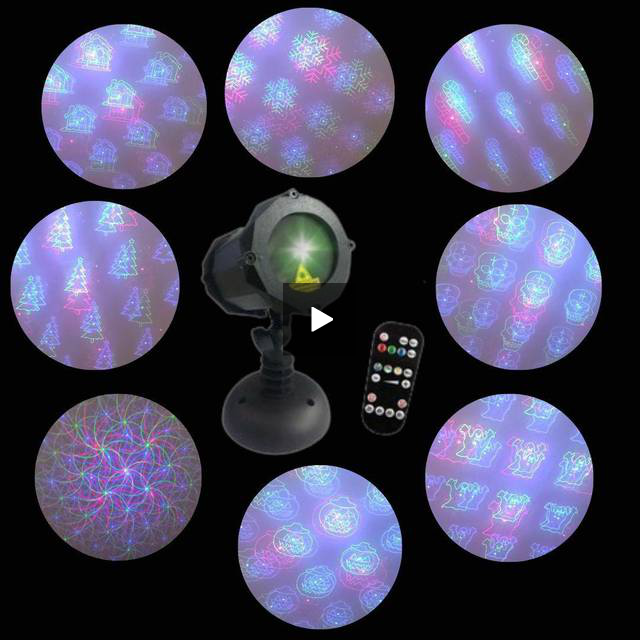 Un proyector con control remoto y siete diferentes proyecciones de patrones coloridos en círculo.