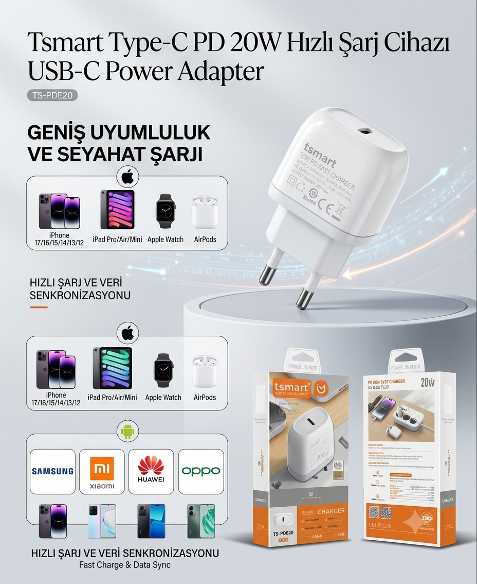 Beyaz renkli Tsmart 20W USB-C hızlı şarj cihazının kutusu ve uyumlu cihazlarla birlikte tanıtım görseli.