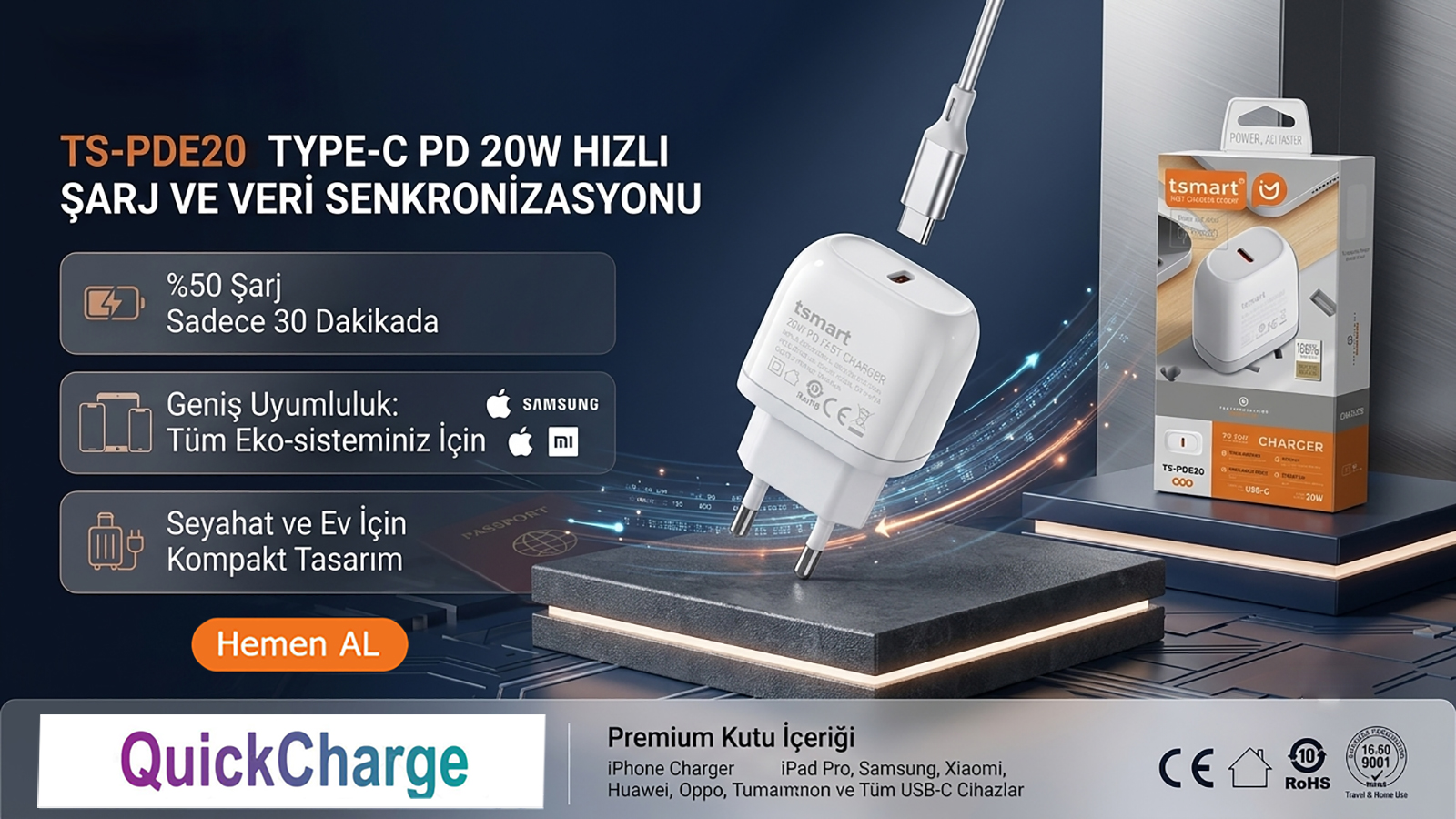 Mavi arka planda kutusu ve metniyle birlikte beyaz tsmart 20W PD hızlı şarj cihazının tanıtım görseli.