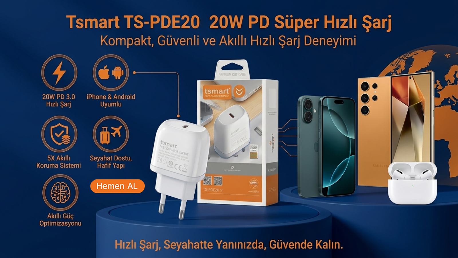Mavi arka planda ambalajı, akıllı telefonları ve kulaklıklarıyla Tsmart 20W PD hızlı şarj cihazı.