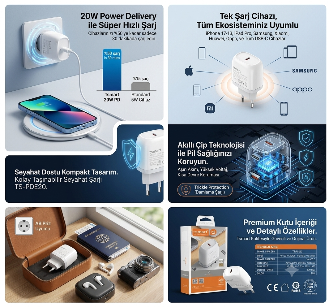 Bir infografik, 20W hızlı şarj, uyumluluk ve güvenlik özelliklerine sahip beyaz bir Tsmart USB-C şarj cihazını gösterir.
