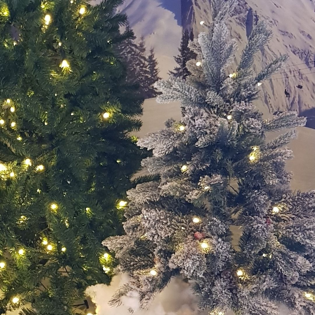 Dos árboles de Navidad iluminados frente a un fondo de montaña nevada.