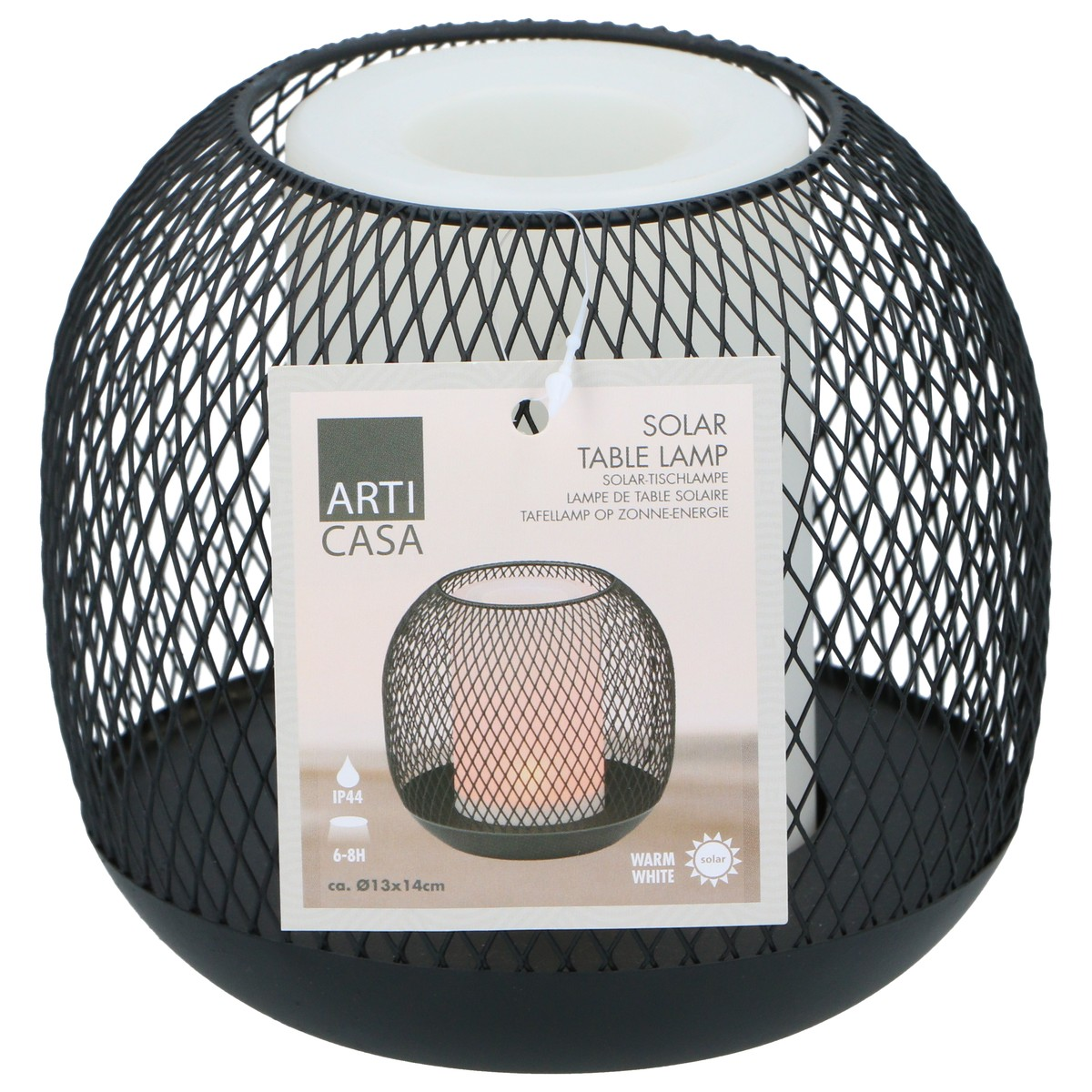 Black metal solar table lamp with a white candle and product label.