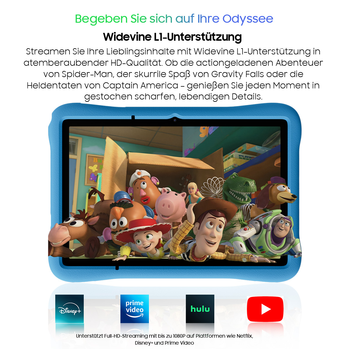 Tablet in blauem Cover zeigt eine Filmszene mit animierten Spielzeugfiguren in HD-Qualität.