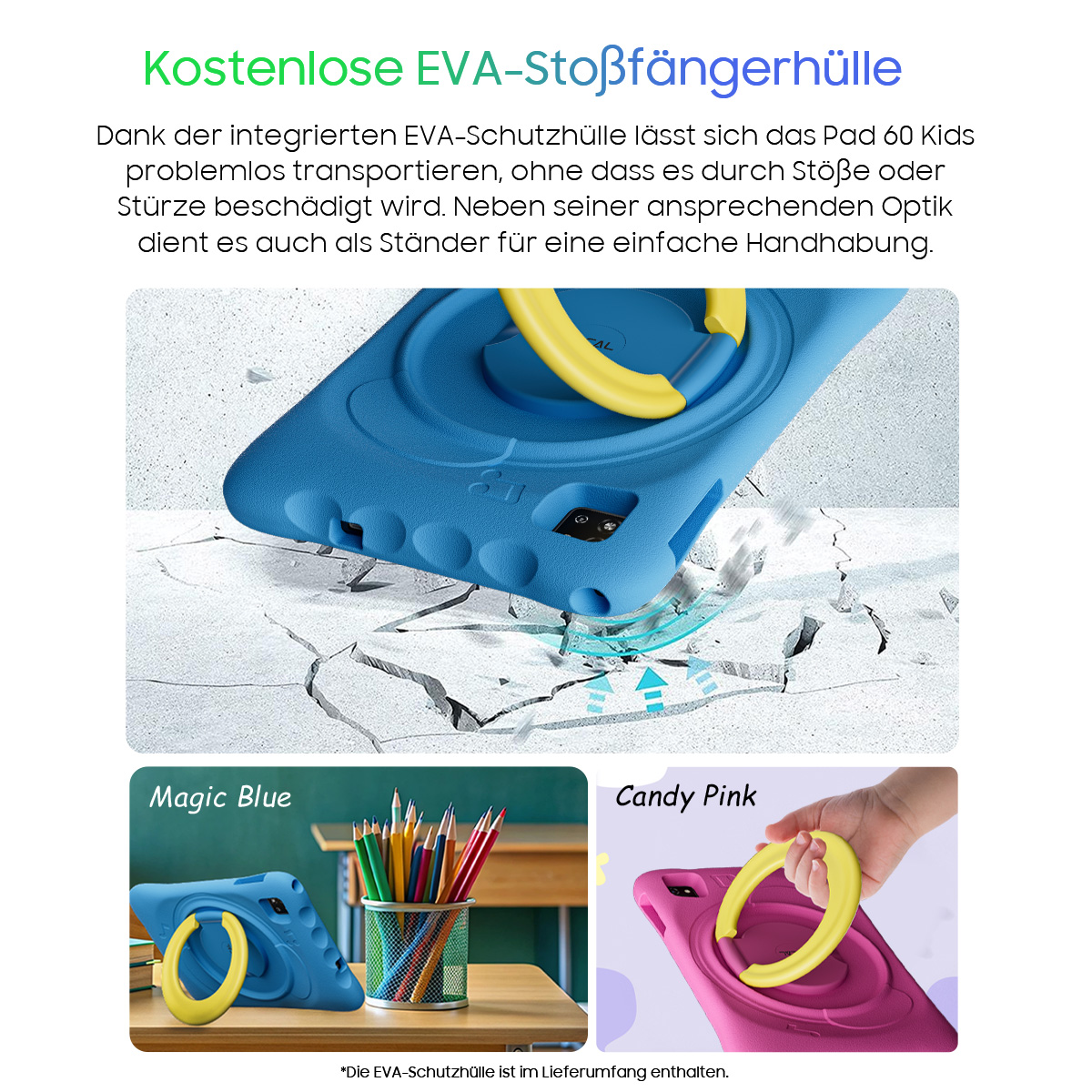Eine blaue Tablethülle auf rissigem Untergrund, mit kleineren Bildern der Farboptionen Magic Blue und Candy Pink.