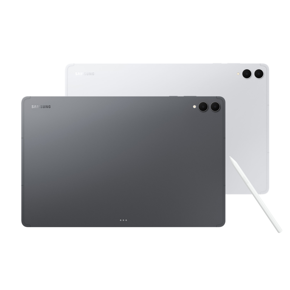 Dos tabletas Samsung, una gris en primer plano y otra blanca detrás, con un lápiz óptico.
