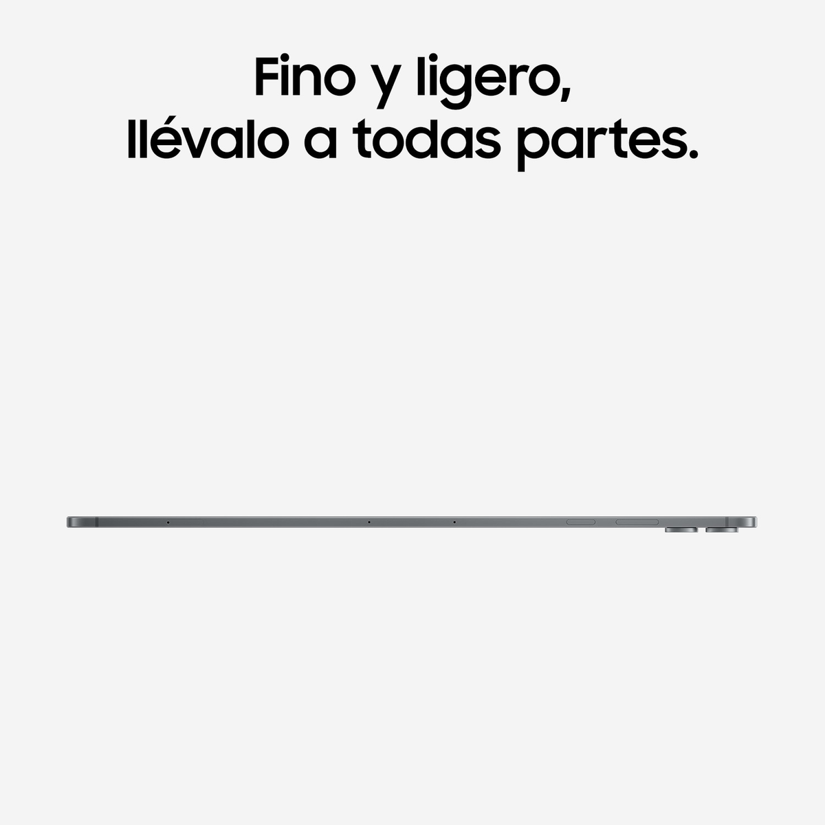 Una tableta gris fina y ligera de perfil sobre fondo blanco con texto en español.
