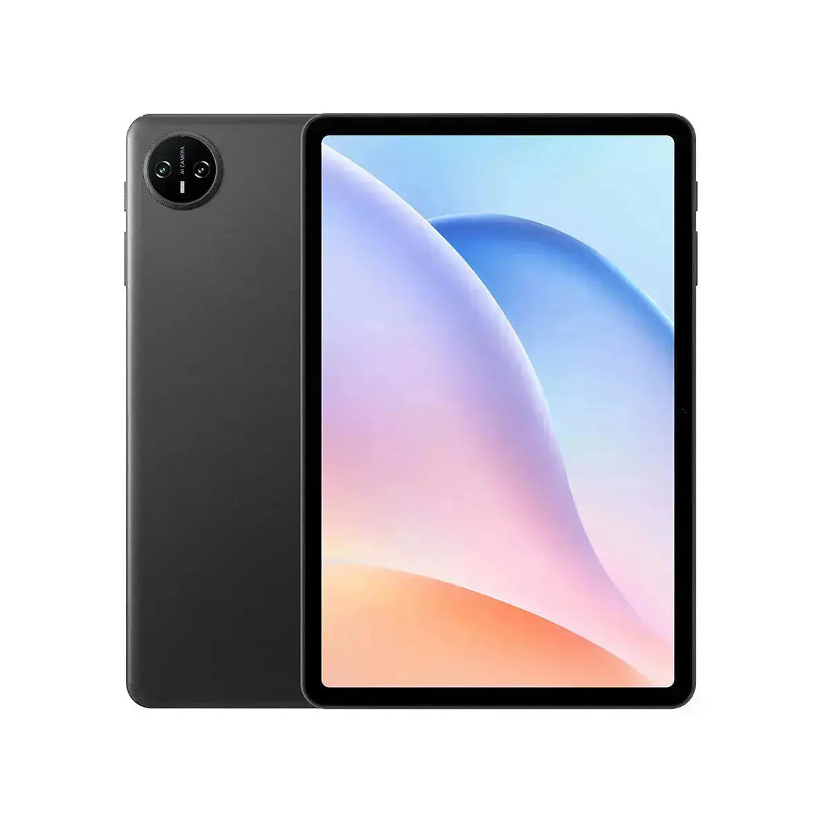 Ein graues Tablet zeigt ein buntes Wellenmuster auf dem Bildschirm und hat eine Rückkamera.