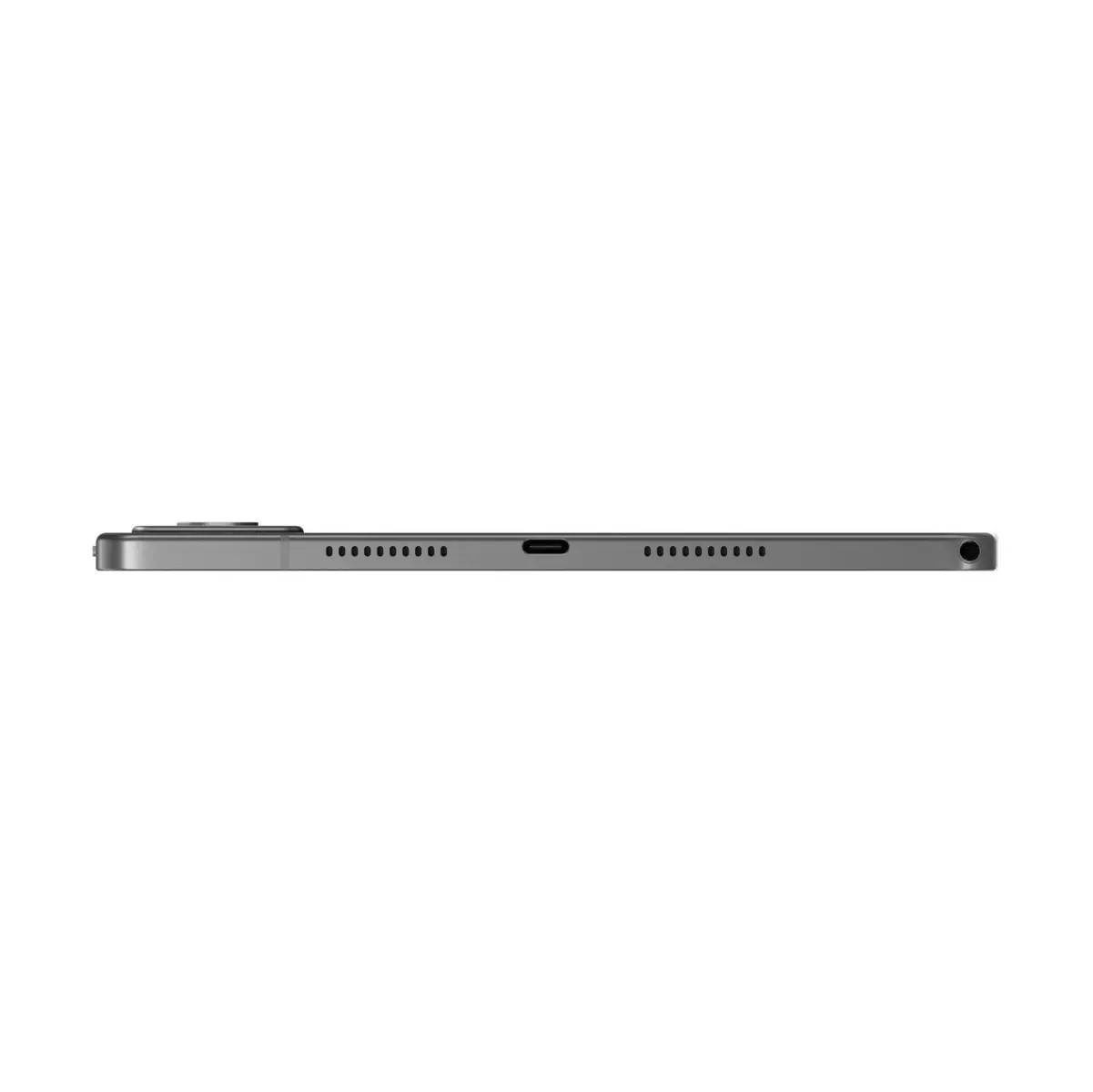 Eine schmale, graue Tablet-Kante mit USB-C-Anschluss, Lautsprechergittern und Kamera auf weißem Grund.