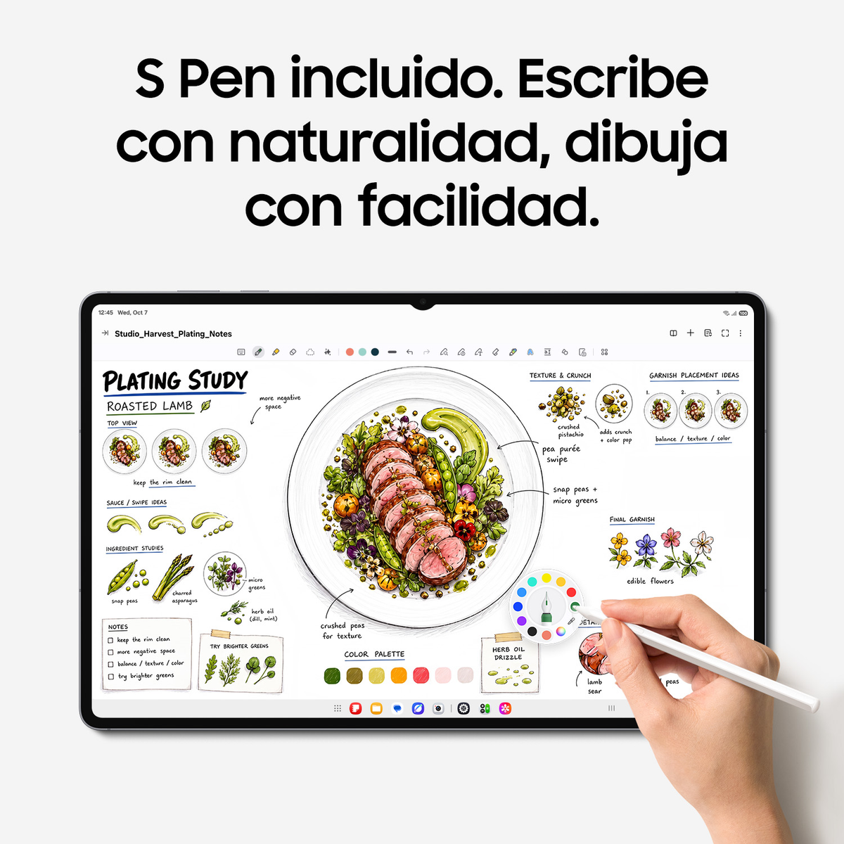 Un tablet mostra uno studio di impiattamento di agnello mentre una mano usa un pennino sullo schermo.