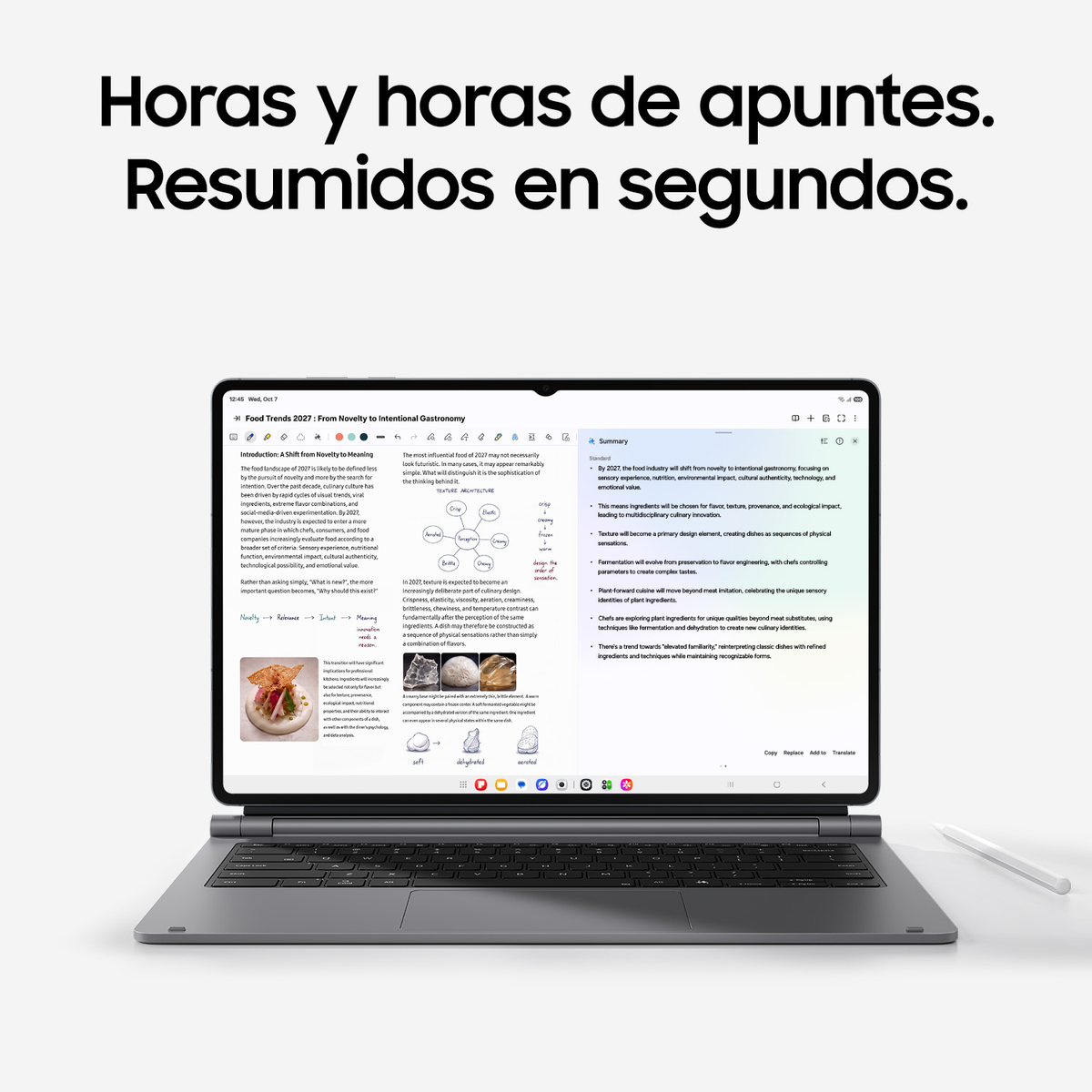 Un tablet con tastiera mostra un documento e un riepilogo. Testo in spagnolo in alto.