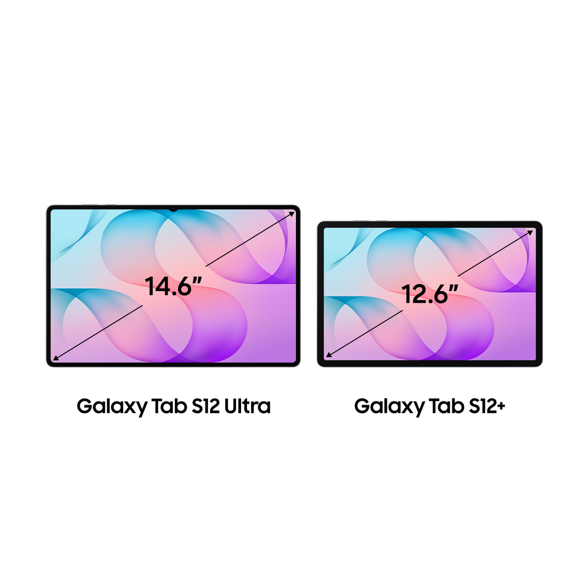 Zwei Tablets, Galaxy Tab S12 Ultra (14,6 Zoll) und S12+ (12,6 Zoll), nebeneinander vor weißem Hintergrund dargestellt.