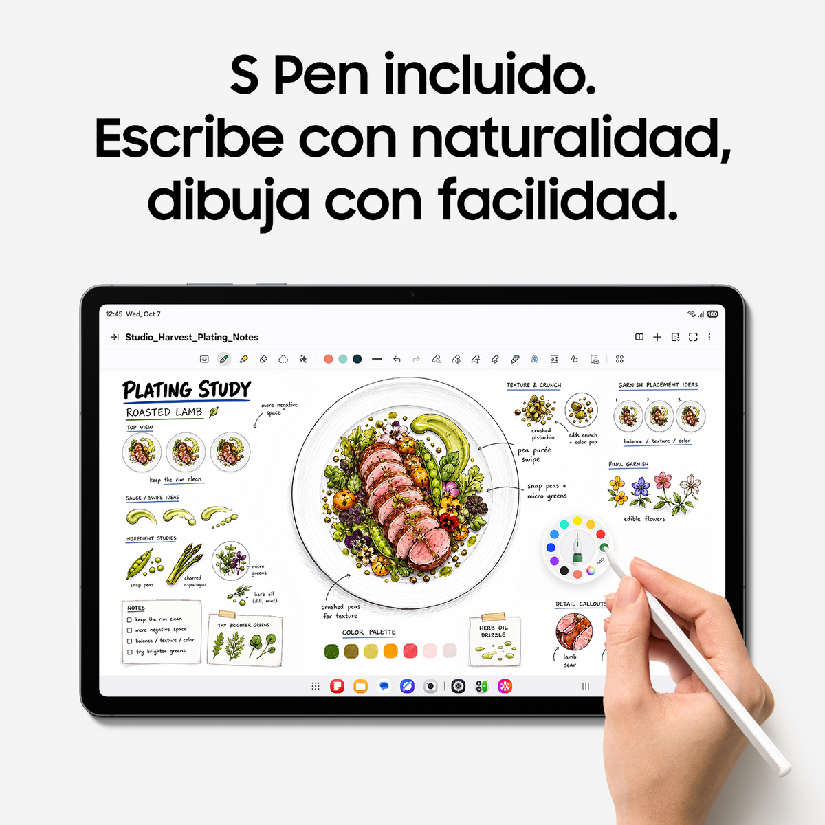 Ein Tablet zeigt handgezeichnete Lebensmittelpläne und Notizen, während eine Hand mit einem S Pen darauf schreibt.
