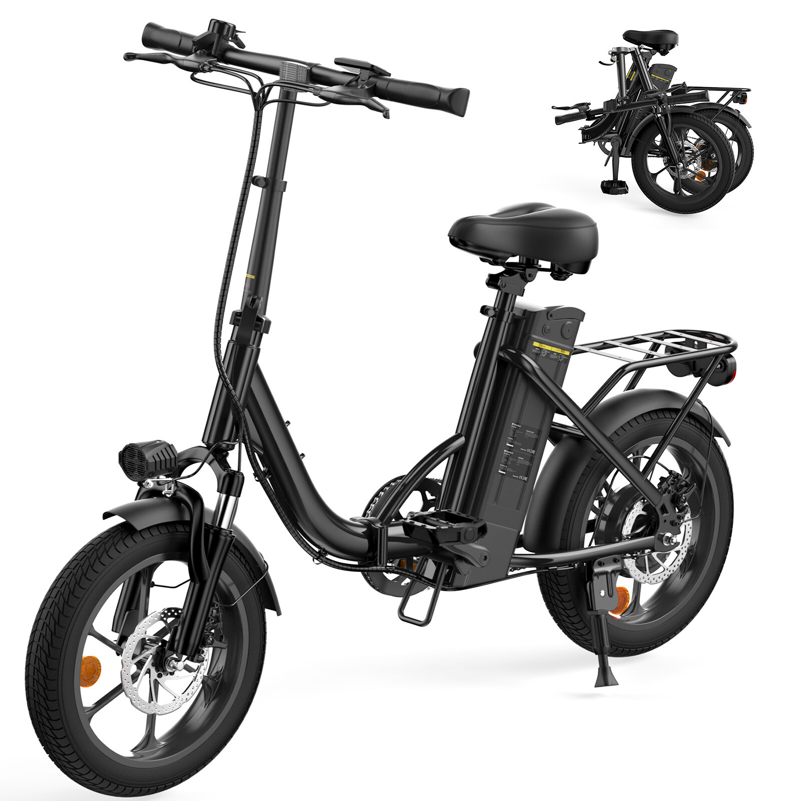 Ein schwarzes Elektro-Fahrrad mit Akku und Gepäckträger, oben rechts im gefalteten Zustand abgebildet.
