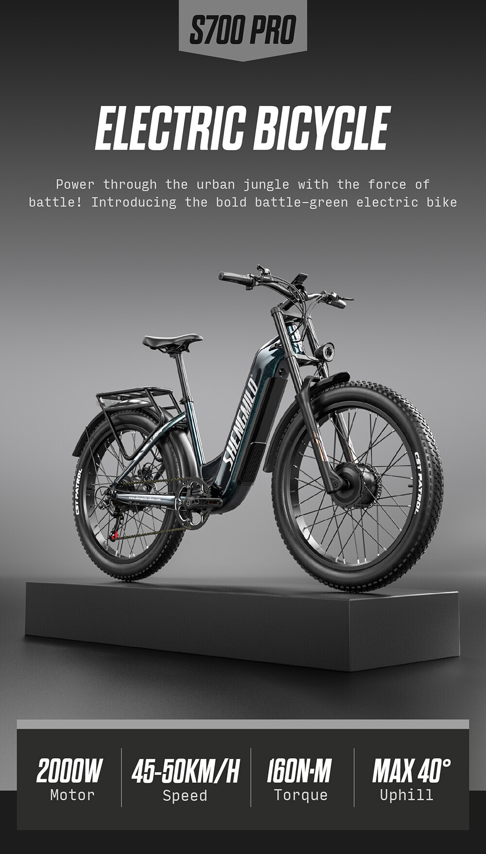 Ein S700 Pro Elektrofahrrad in Olivgrün auf einem Podest, mit technischen Daten unten.