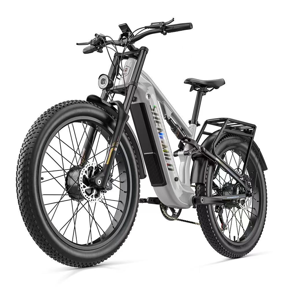 Ein silbernes elektrisches Fatbike mit dicken Reifen, Gepäckträger und Vorderlicht vor weißem Hintergrund.