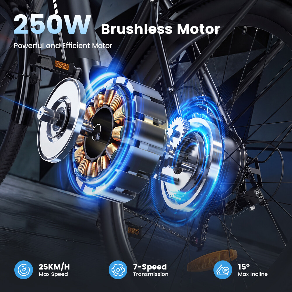 Nahaufnahme eines 250W bürstenlosen E-Bike-Motors mit inneren Kupferspulen und blau leuchtenden Grafikeffekten.