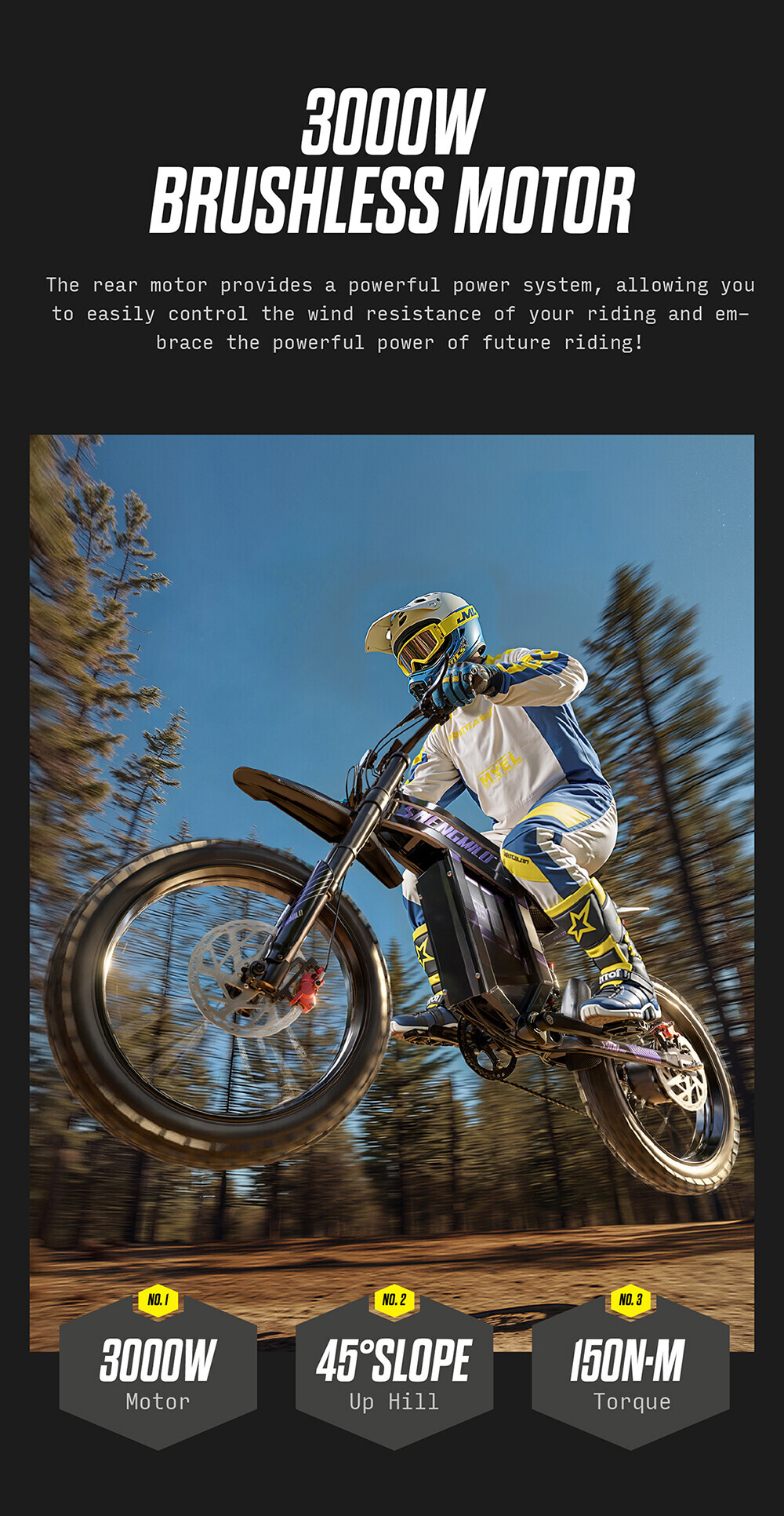 Ein Fahrer springt mit einem E-Bike durch einen Wald, Werbung für einen 3000W-Motor.