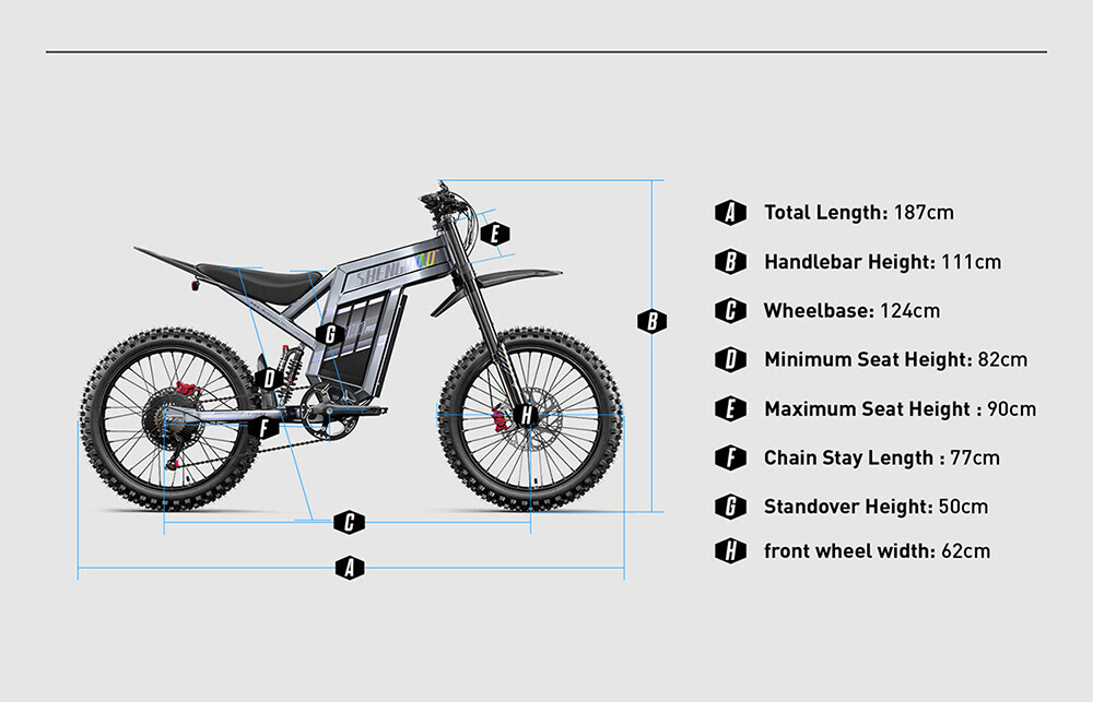 Technisches Diagramm eines grauen Elektro-Dirtbikes mit beschrifteten Maßen von A bis H auf hellgrauem Hintergrund.