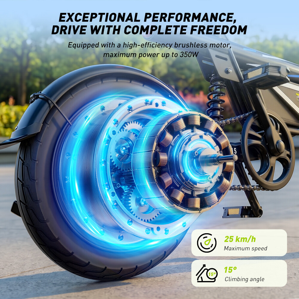 E-Bike Hinterrad mit freiliegendem Elektromotor und blauem Lichtschein.