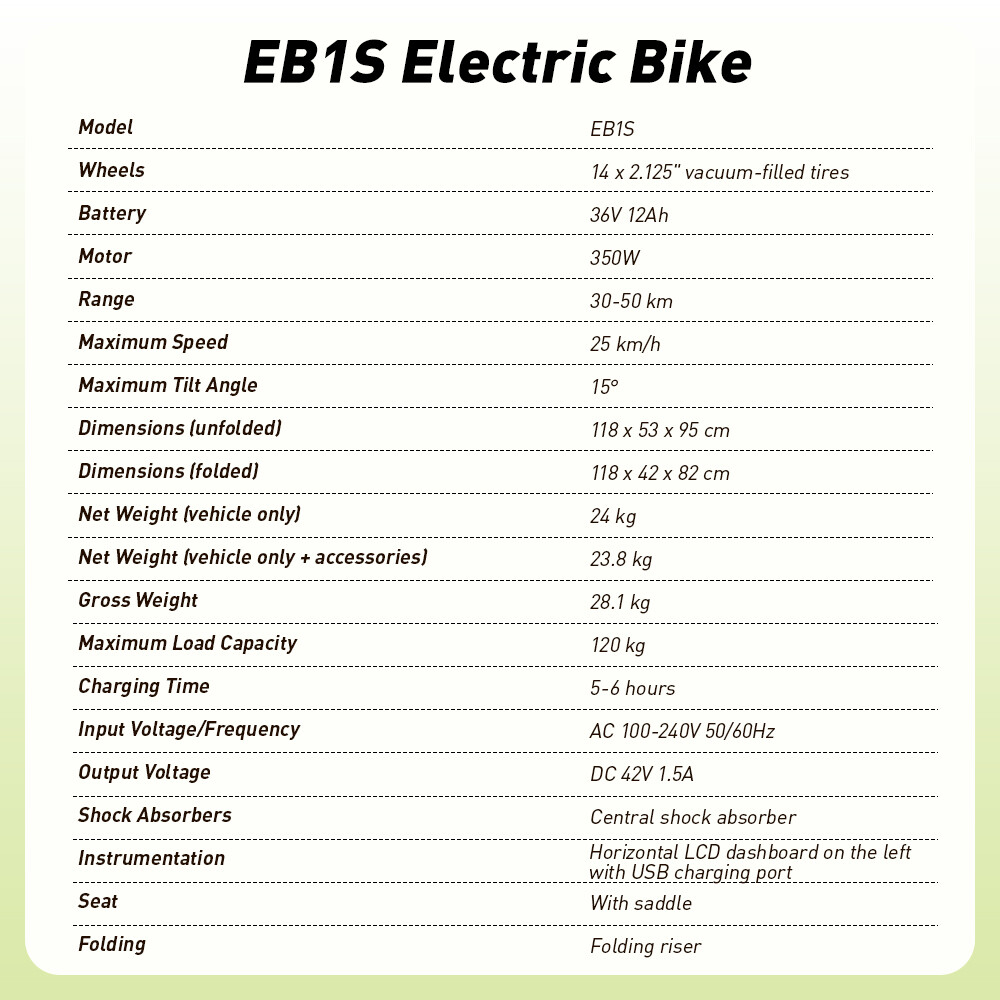 Tabelle der technischen Daten für das EB1S E-Bike mit Modellmerkmalen, Abmessungen und Leistung.