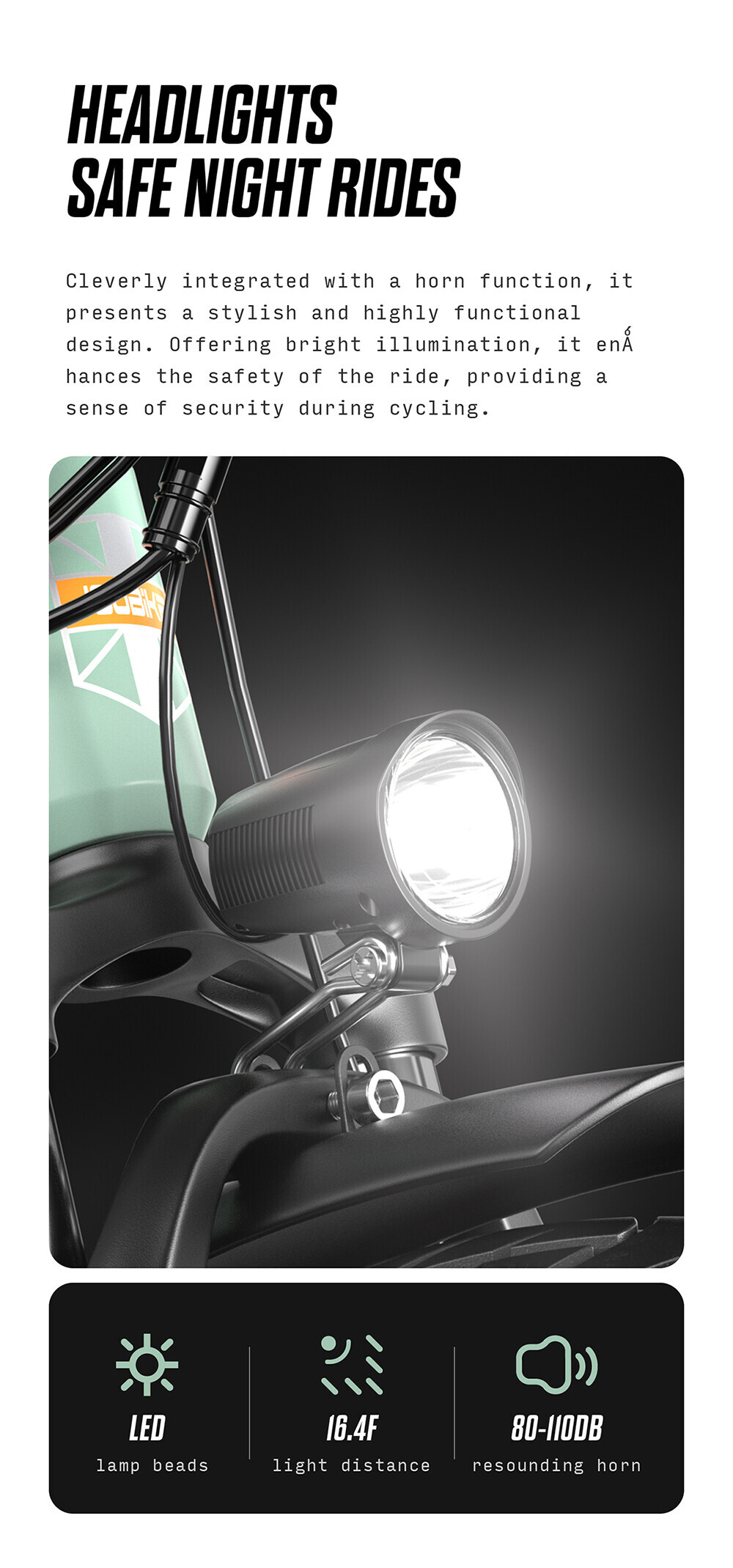 Ein heller LED-Fahrradscheinwerfer und eine Hupe an der Vordergabel mit Icons für LED, 16.4ft Reichweite und 80-110dB Hupe.