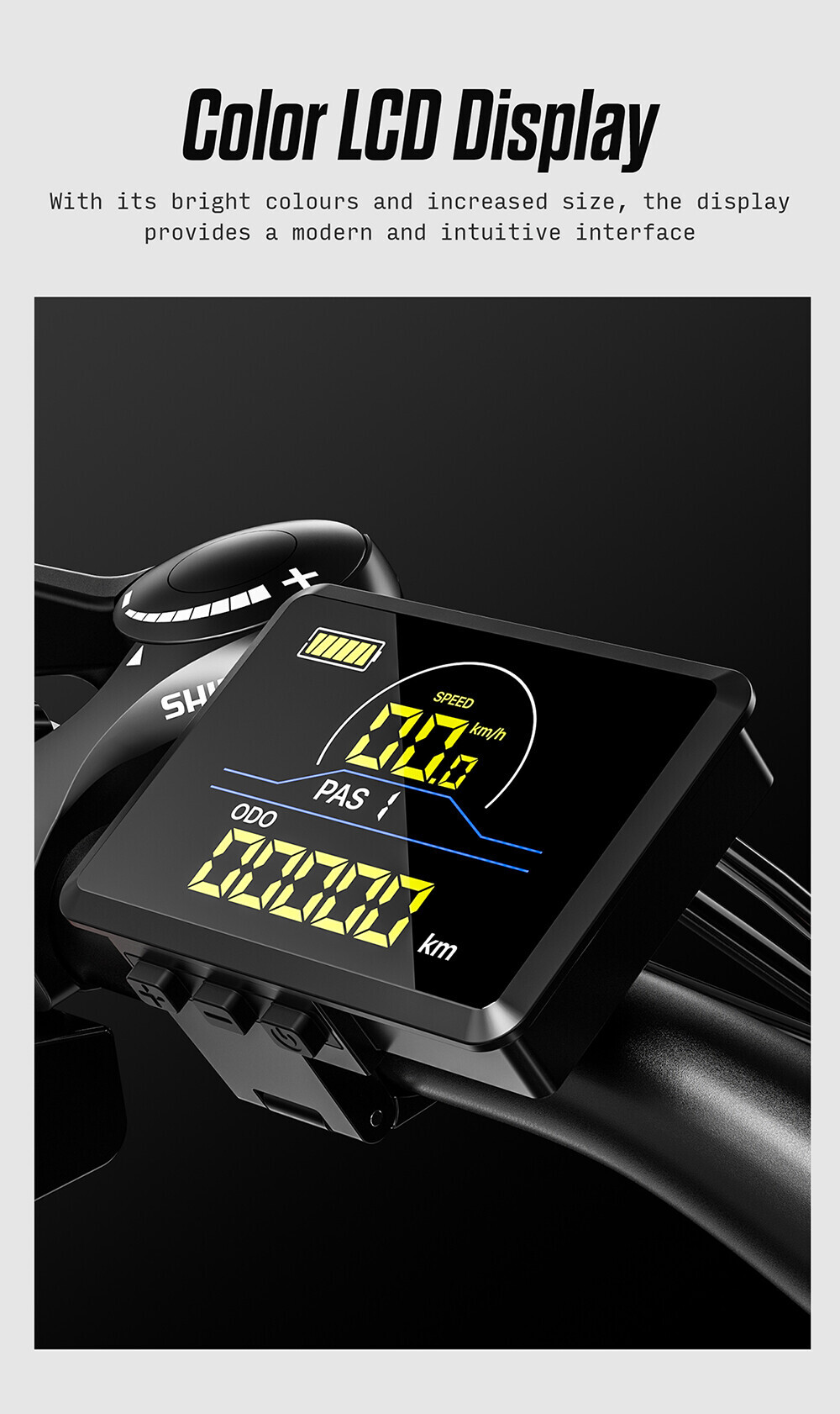 Ein farbiges LCD-Display an einem Fahrradlenker zeigt Geschwindigkeit und Akkustand an.