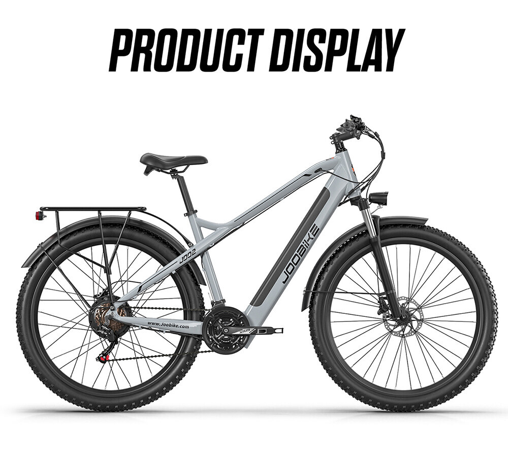 Ein graues Joobiike E-Bike mit Gepäckträger und grobstoffigen Reifen vor weißem Hintergrund.
